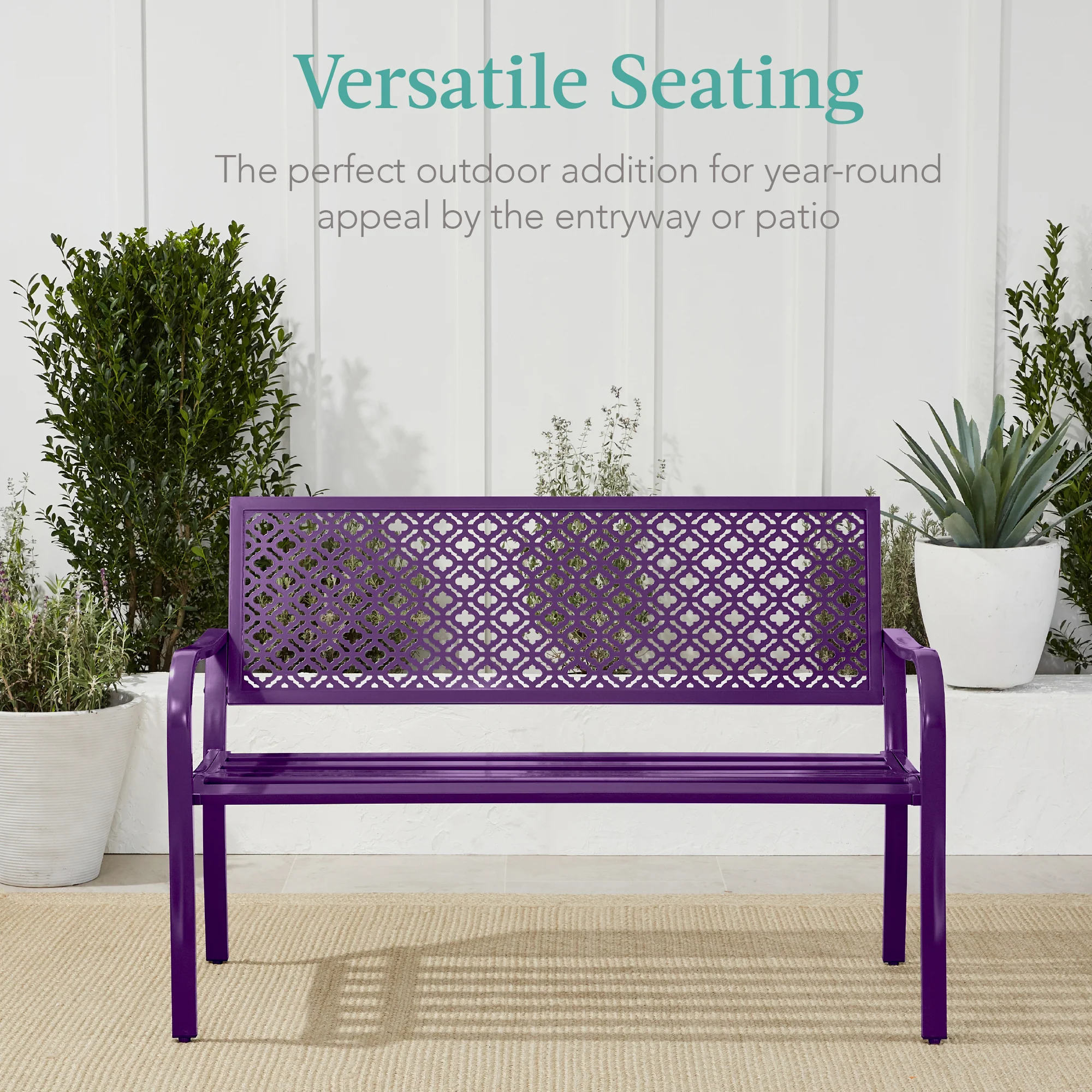 Indoor Outdoor Steel Bench w/ Geometric Backrest, Foot Levelers - Image 68