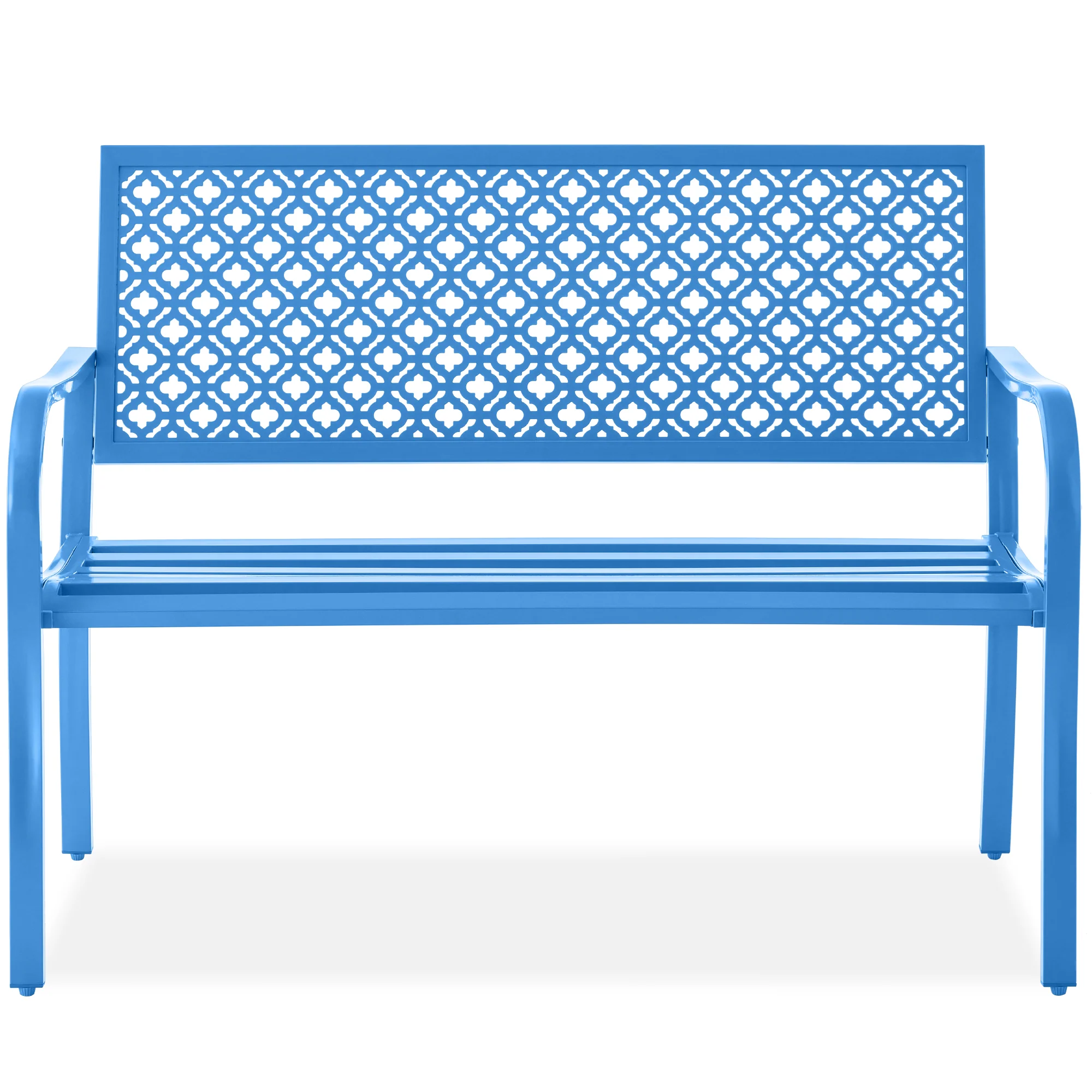 Indoor Outdoor Steel Bench w/ Geometric Backrest, Foot Levelers - Image 71