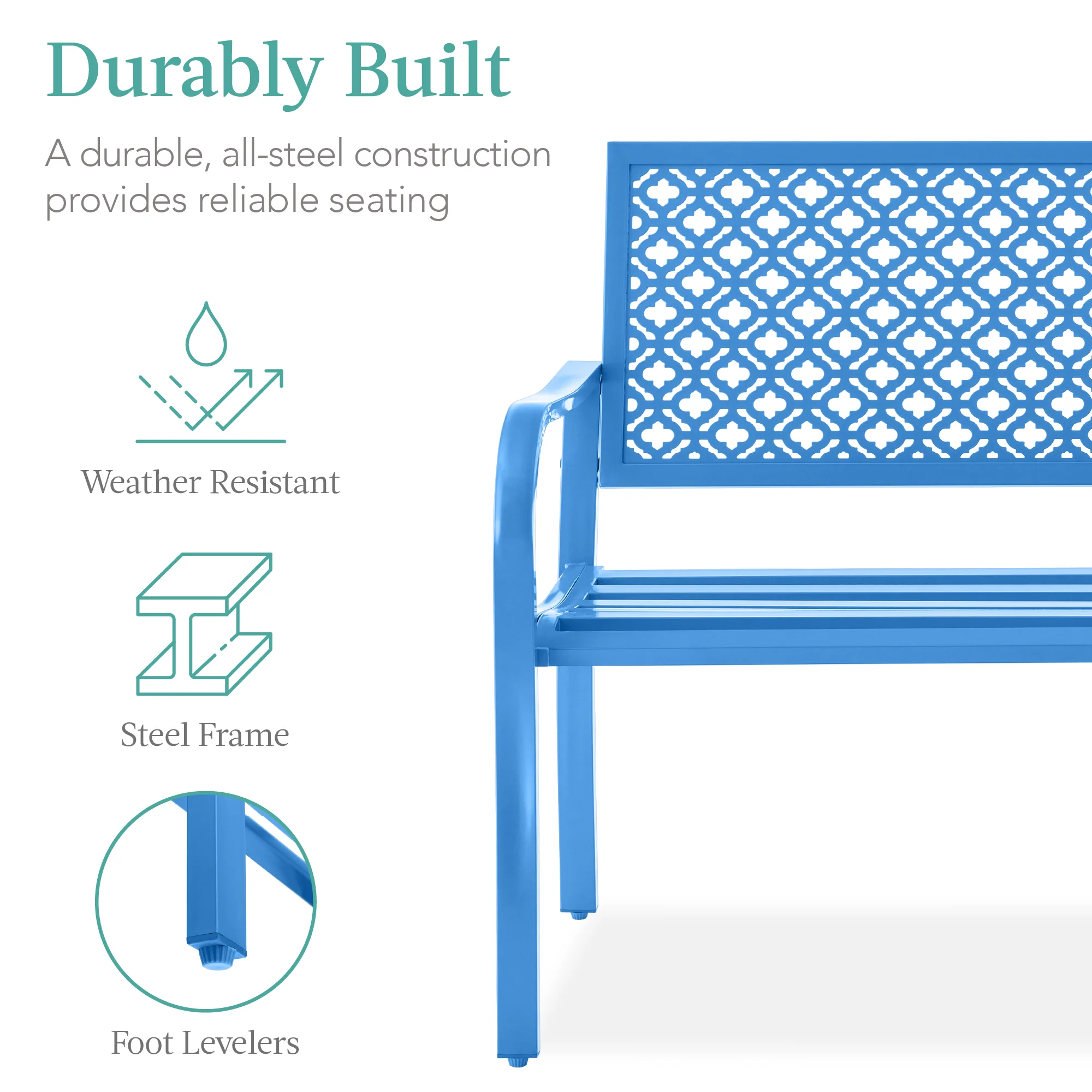Indoor Outdoor Steel Bench w/ Geometric Backrest, Foot Levelers - Image 72