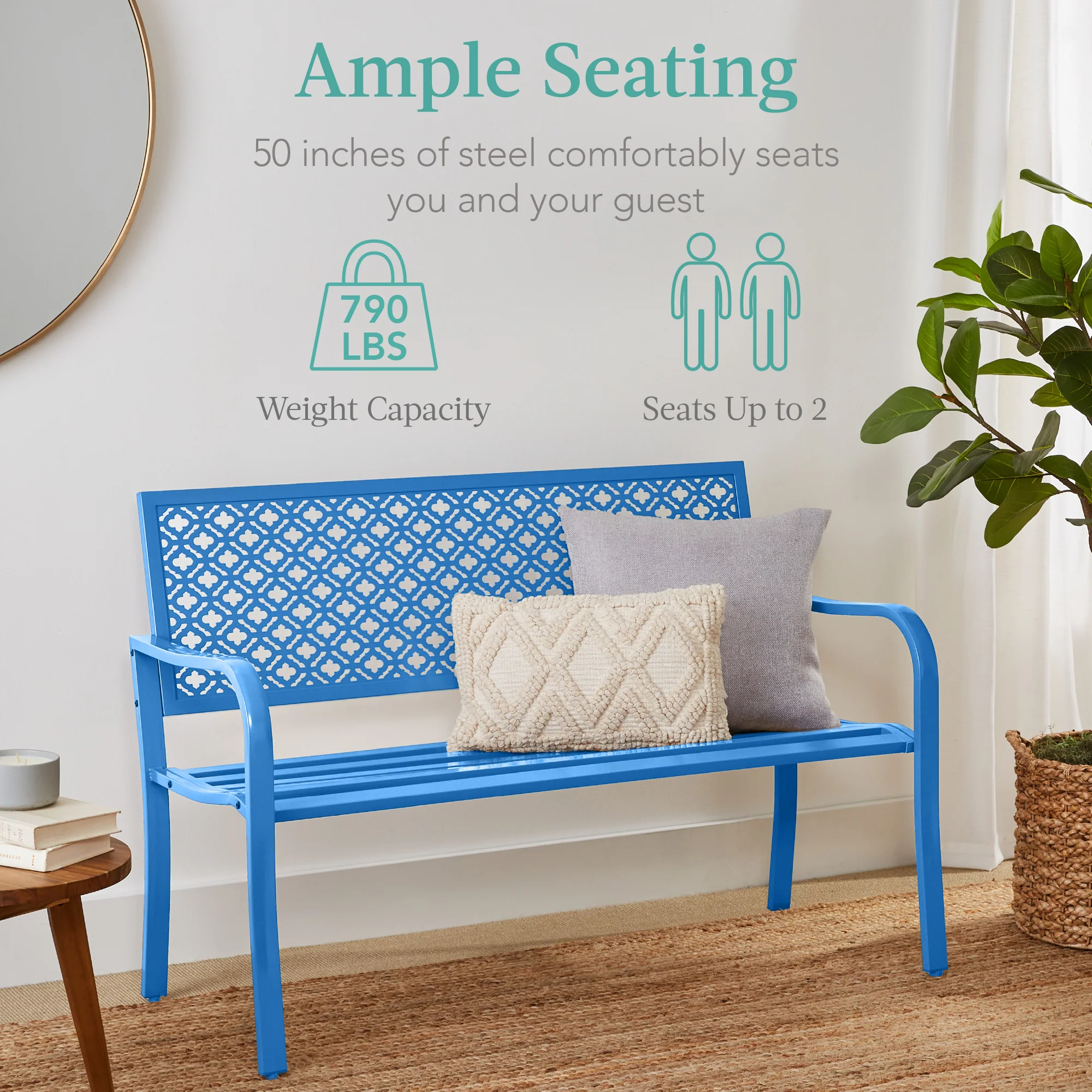 Indoor Outdoor Steel Bench w/ Geometric Backrest, Foot Levelers - Image 73