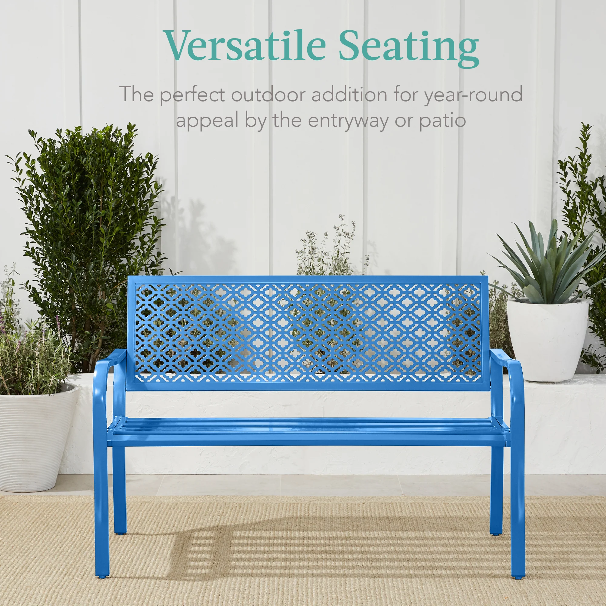 Indoor Outdoor Steel Bench w/ Geometric Backrest, Foot Levelers - Image 75