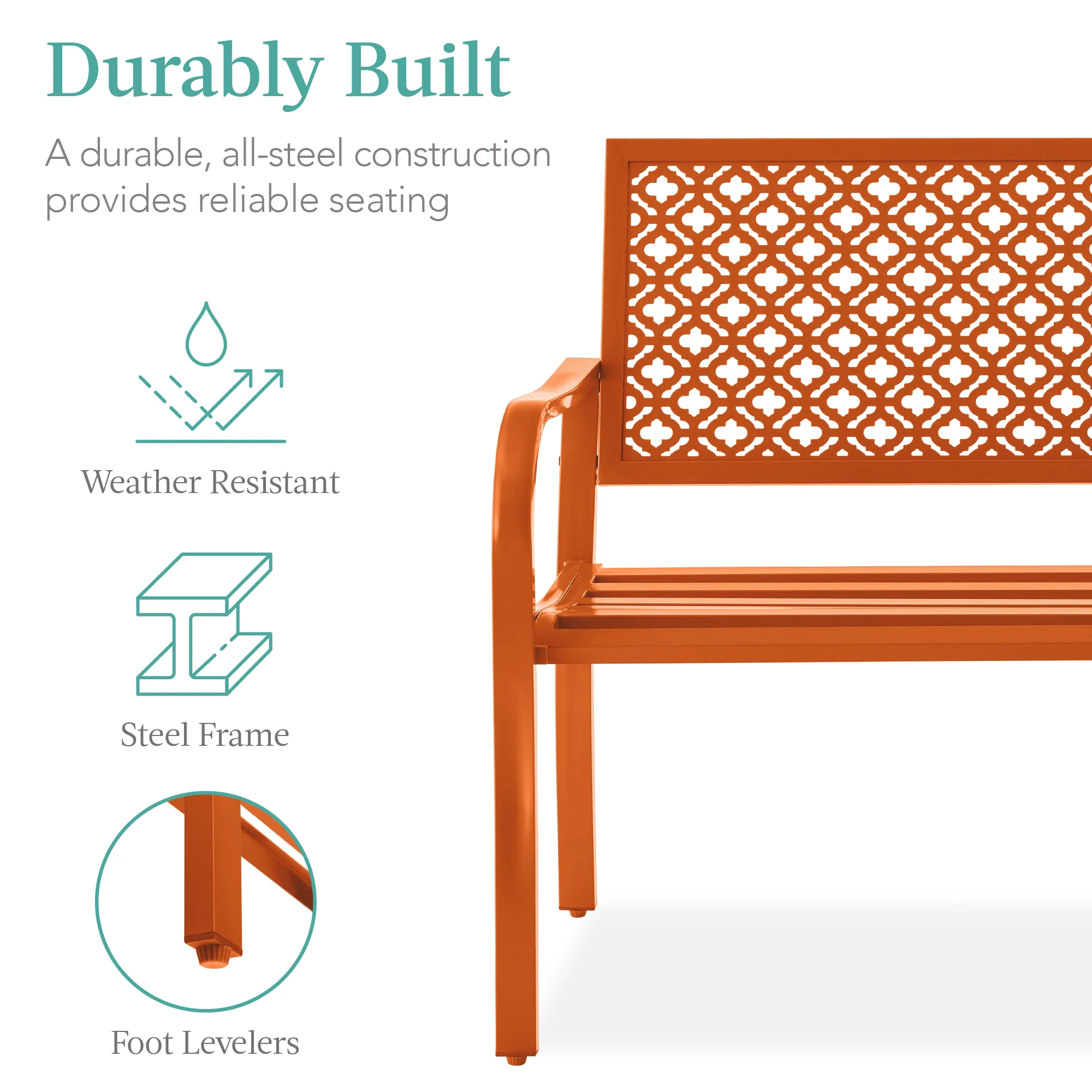 Indoor Outdoor Steel Bench w/ Geometric Backrest, Foot Levelers - Image 79