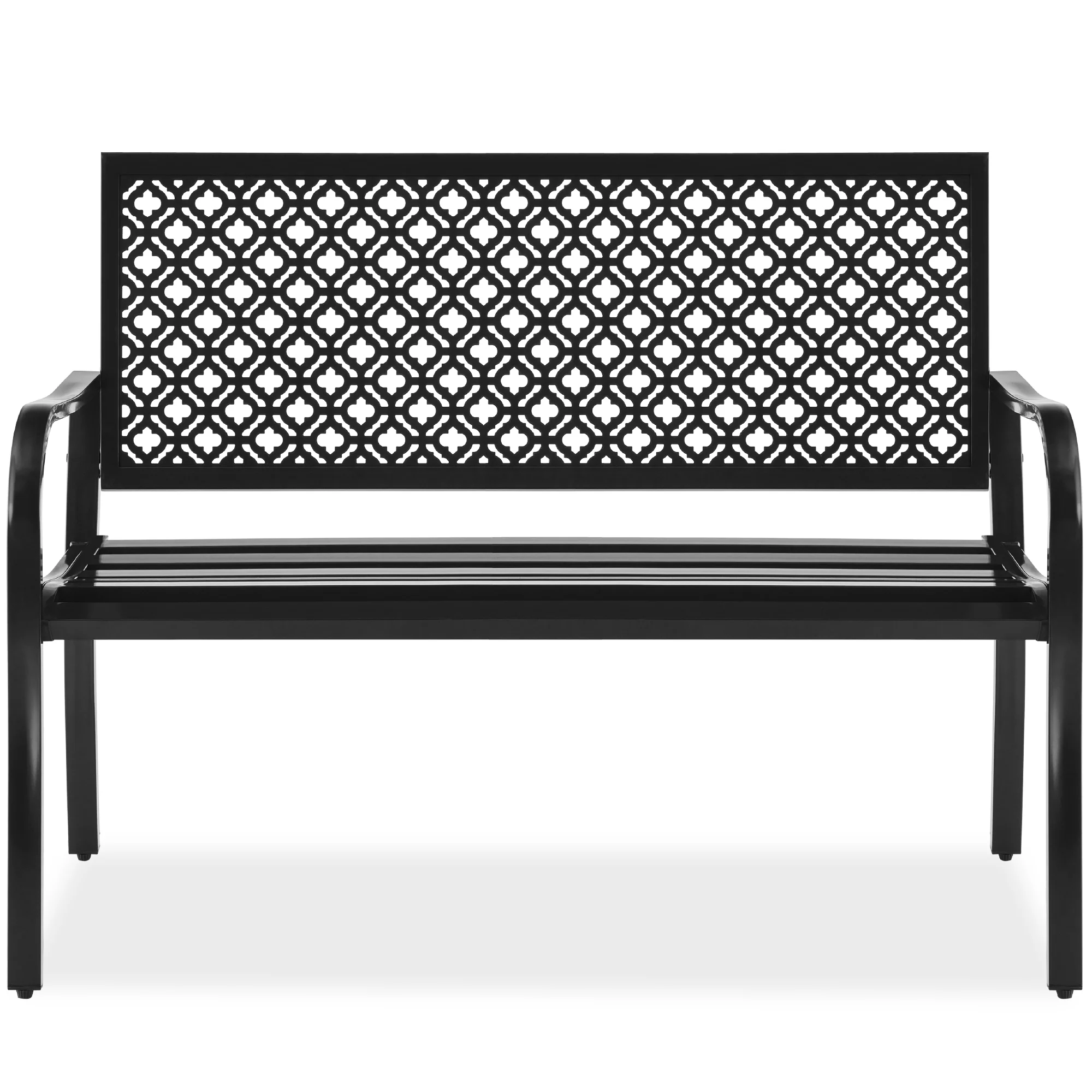 Indoor Outdoor Steel Bench w/ Geometric Backrest, Foot Levelers - Image 8