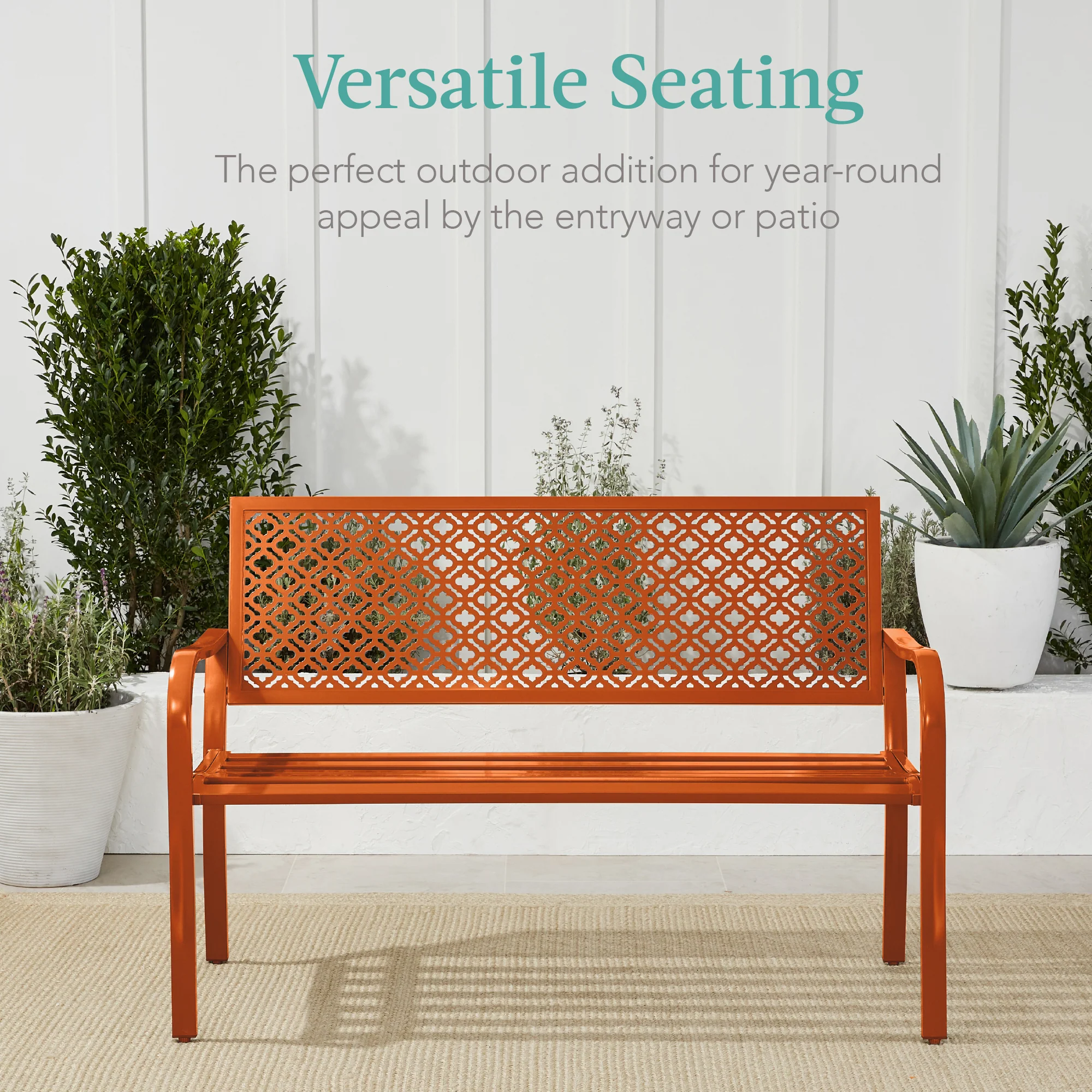 Indoor Outdoor Steel Bench w/ Geometric Backrest, Foot Levelers - Image 82