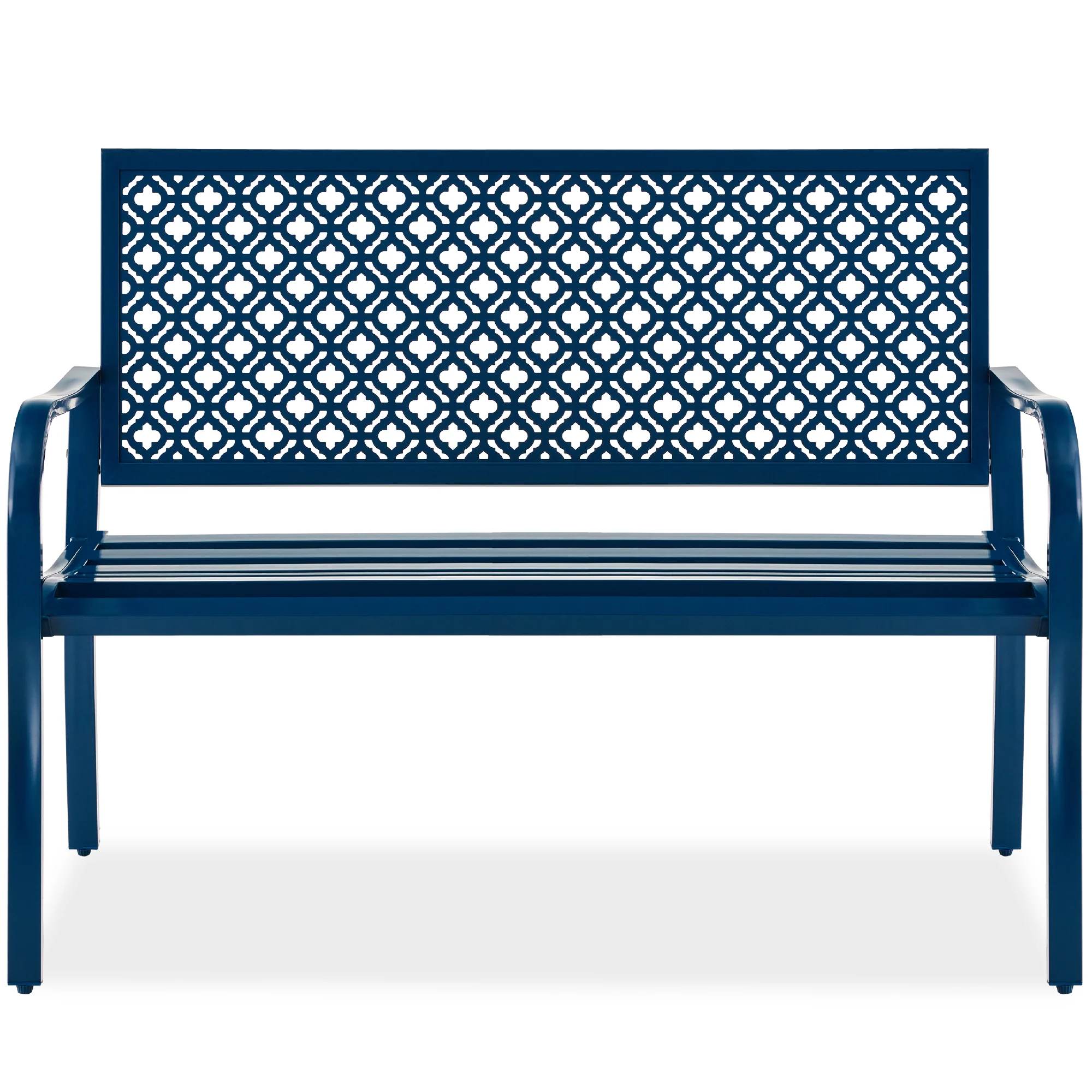 Indoor Outdoor Steel Bench w/ Geometric Backrest, Foot Levelers - Image 85