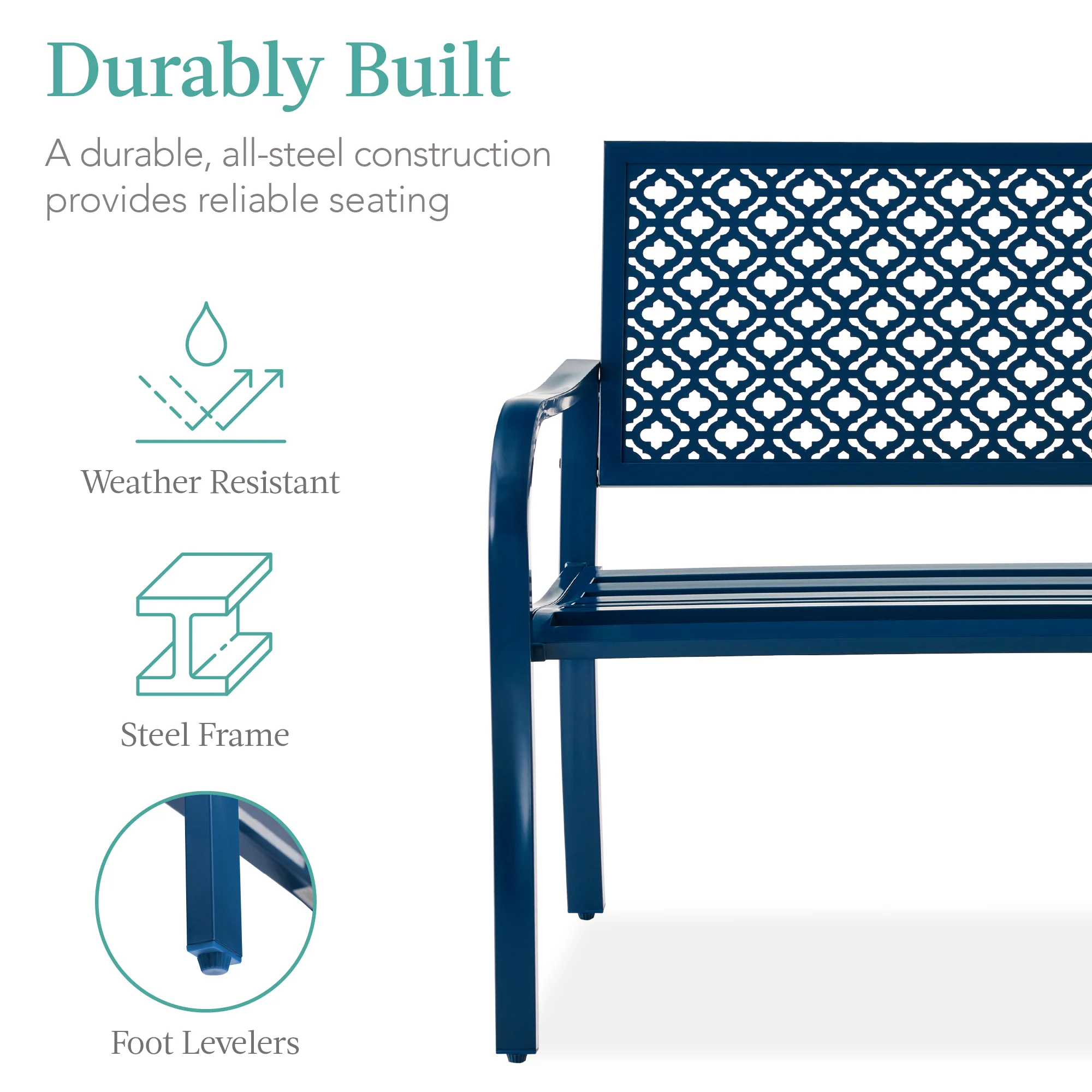 Indoor Outdoor Steel Bench w/ Geometric Backrest, Foot Levelers - Image 86