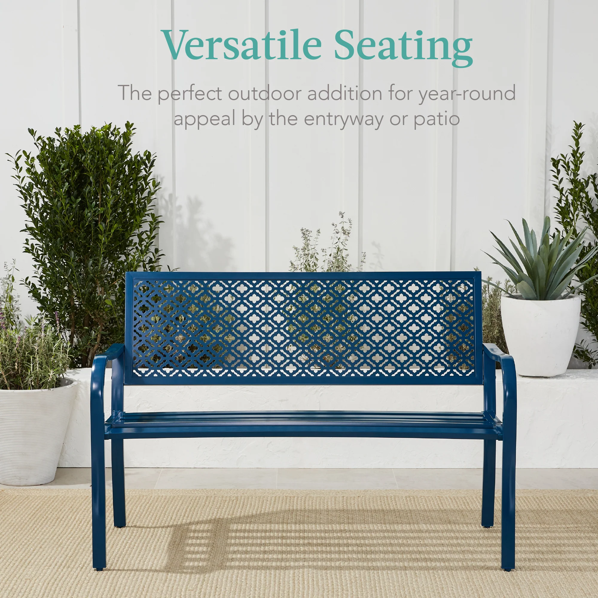 Indoor Outdoor Steel Bench w/ Geometric Backrest, Foot Levelers - Image 89