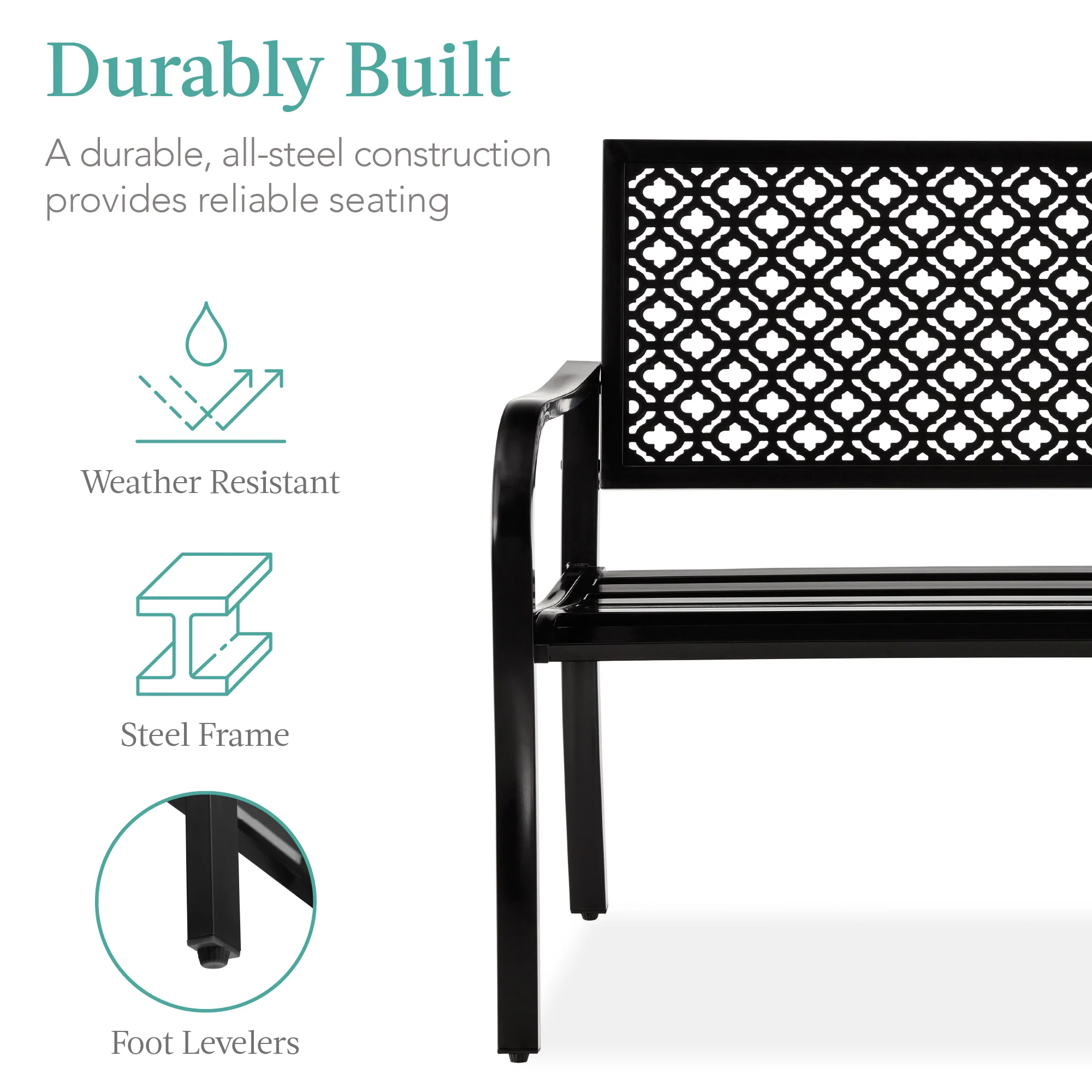 Indoor Outdoor Steel Bench w/ Geometric Backrest, Foot Levelers - Image 9