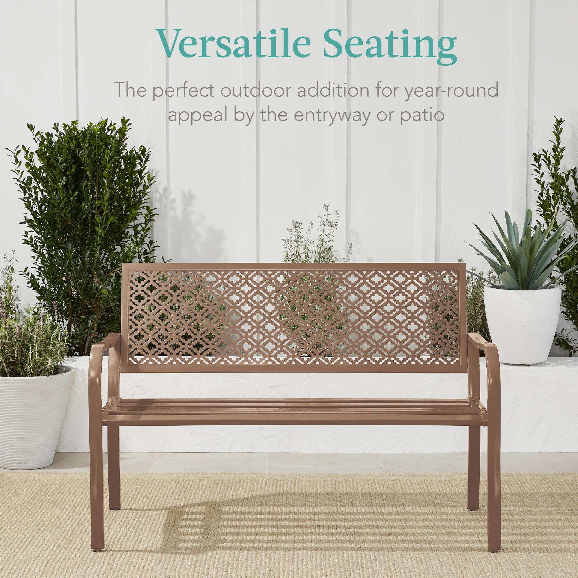 Indoor Outdoor Steel Bench w/ Geometric Backrest, Foot Levelers - Image 96