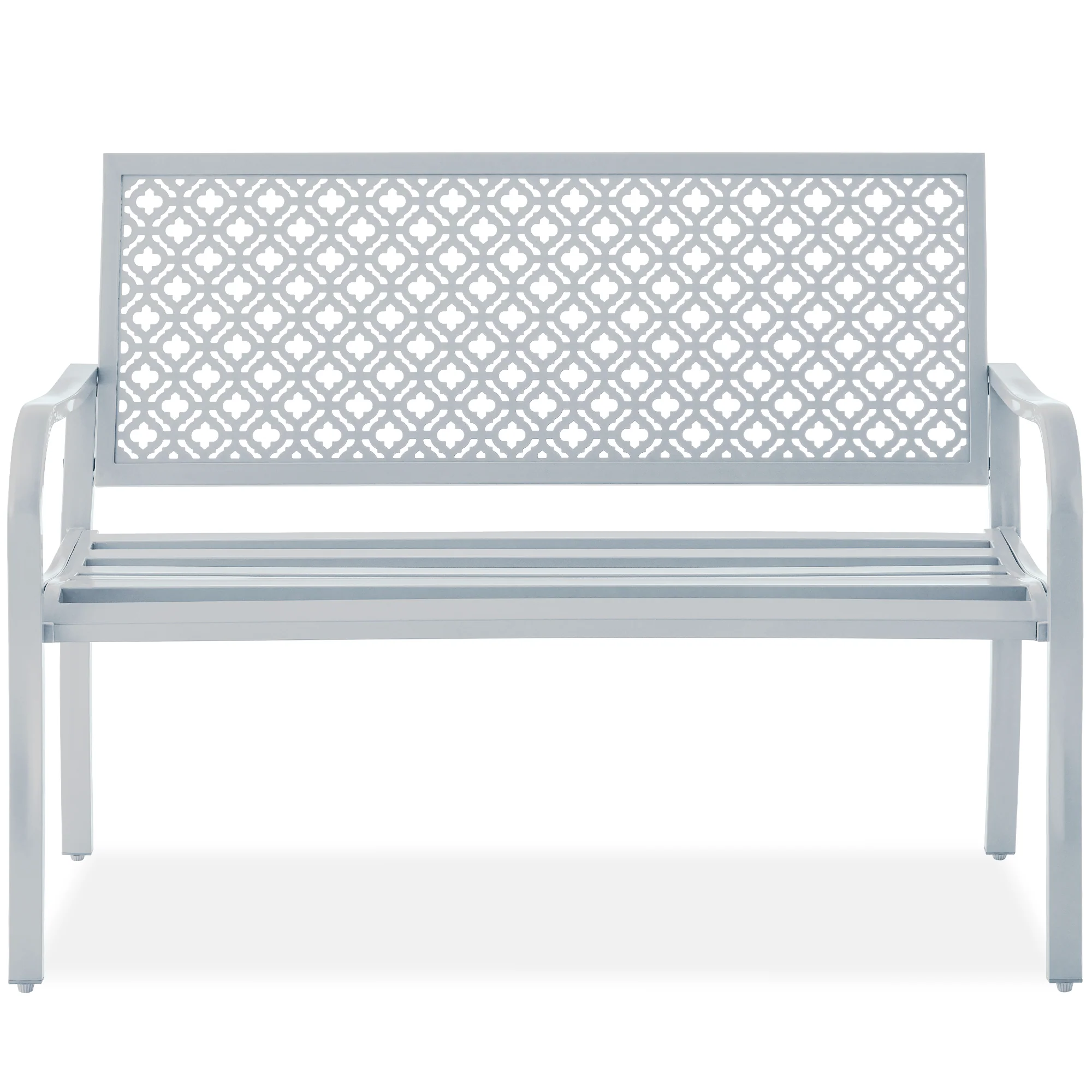 Indoor Outdoor Steel Bench w/ Geometric Backrest, Foot Levelers - Image 99
