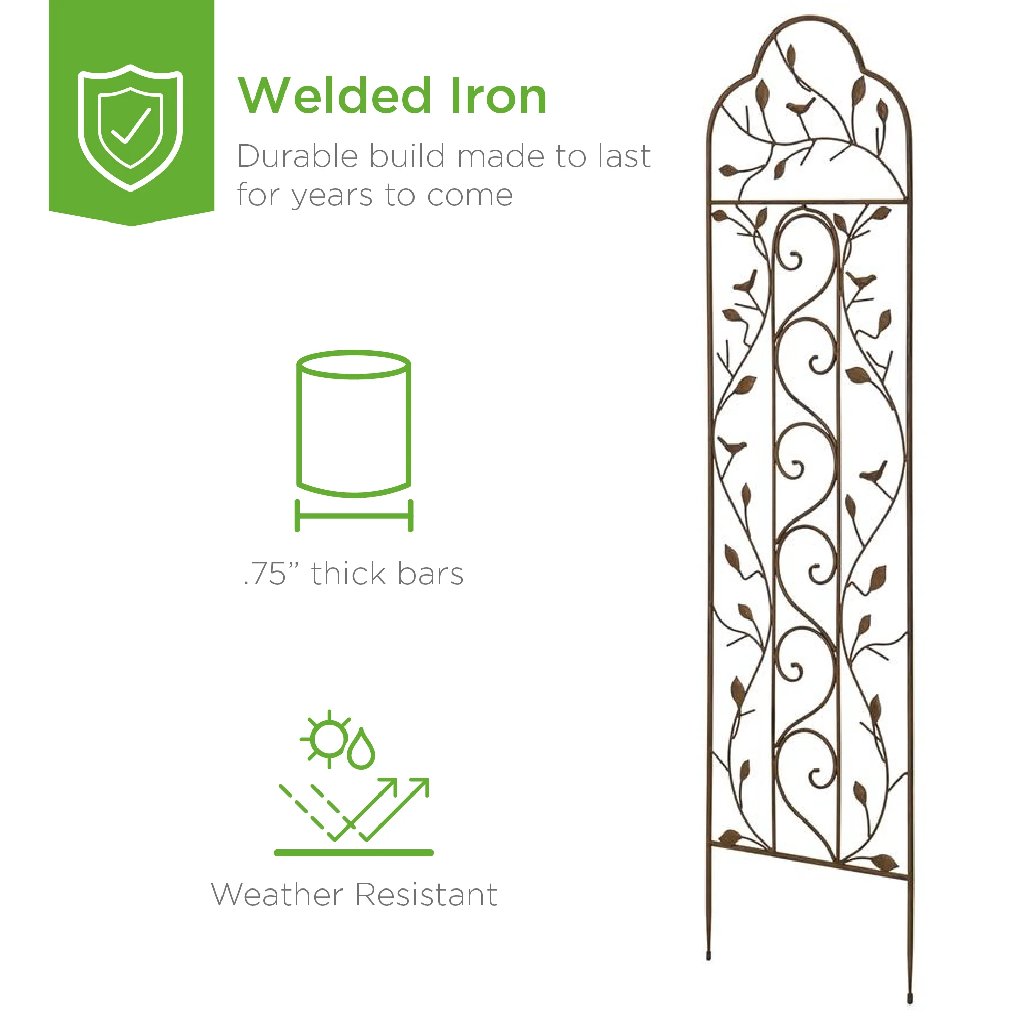 Iron Arched Garden Trellis Fence Panel w/ Branches, Birds - 60x15in - Image 3