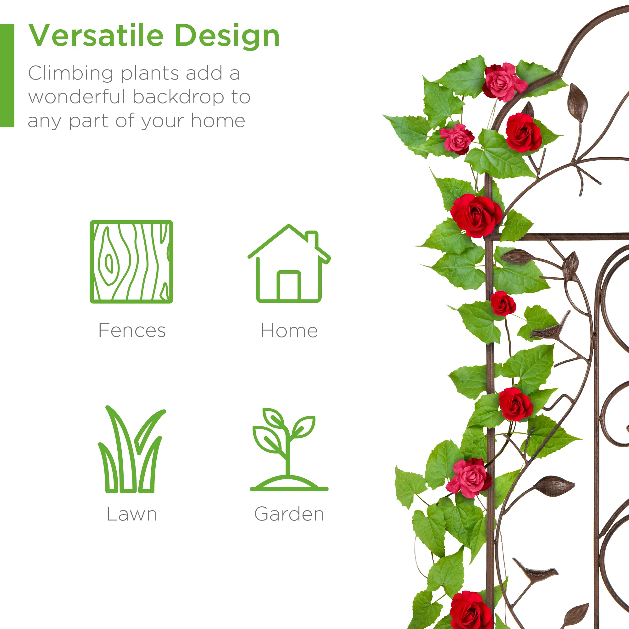 Iron Arched Garden Trellis Fence Panel w/ Branches, Birds - 60x15in - Image 5