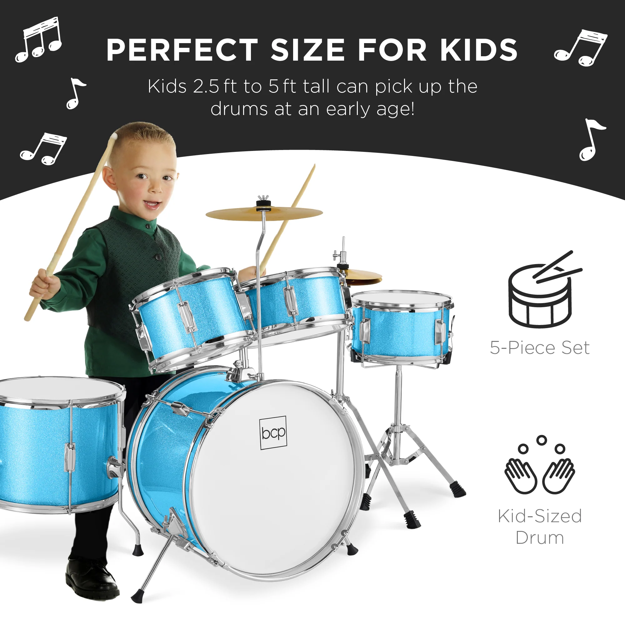 Kids Beginner All Wood Acoustic Drum Kit Starter Set w/ Stool, Drumsticks - Image 10