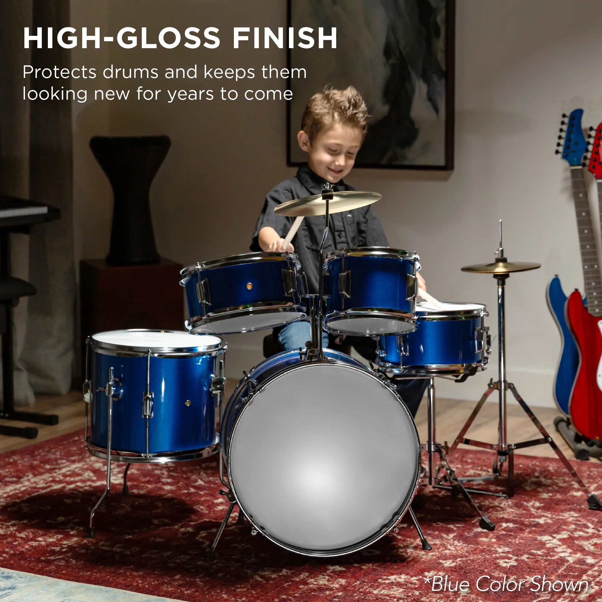 Kids Beginner All Wood Acoustic Drum Kit Starter Set w/ Stool, Drumsticks - Image 13