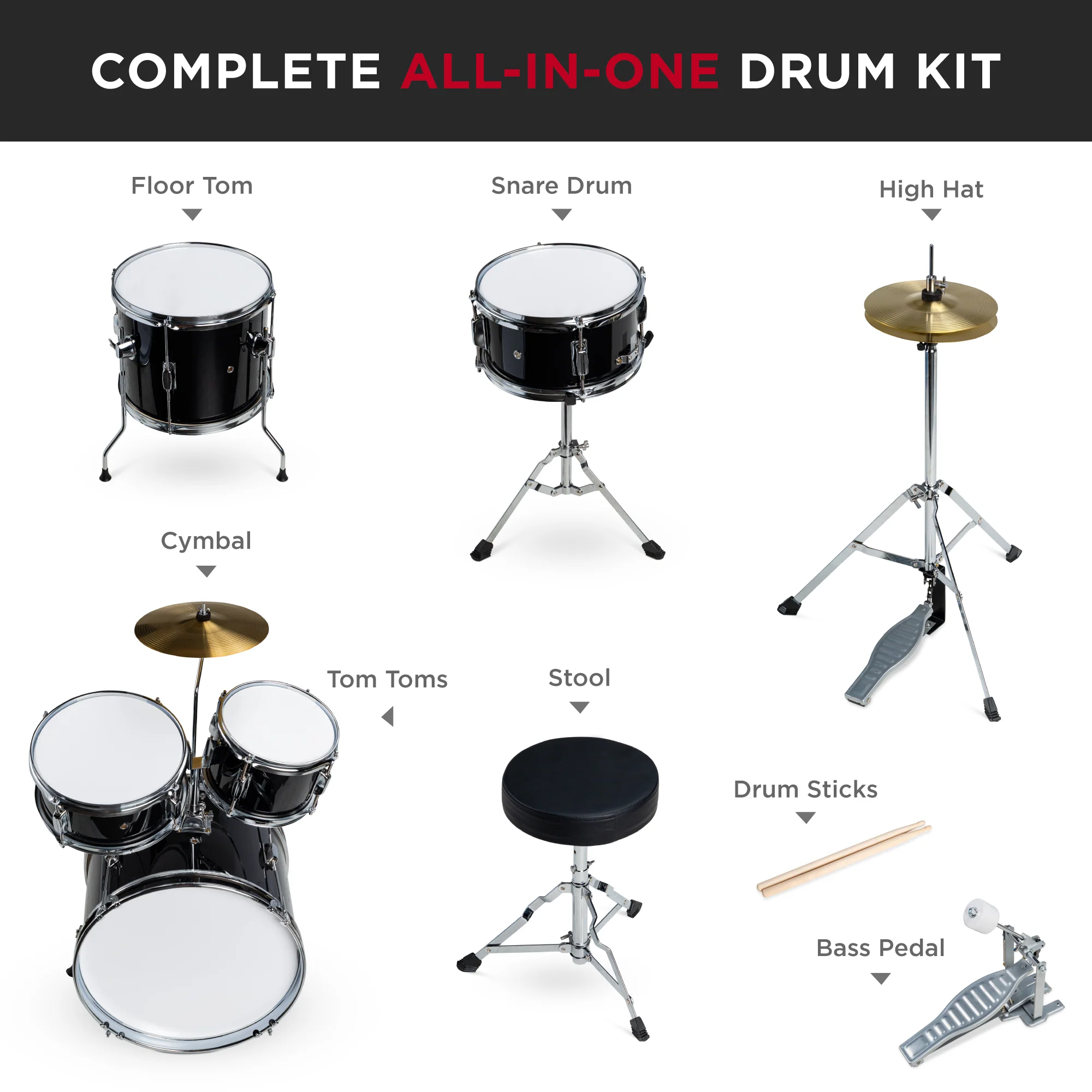 Kids Beginner All Wood Acoustic Drum Kit Starter Set w/ Stool, Drumsticks - Image 24