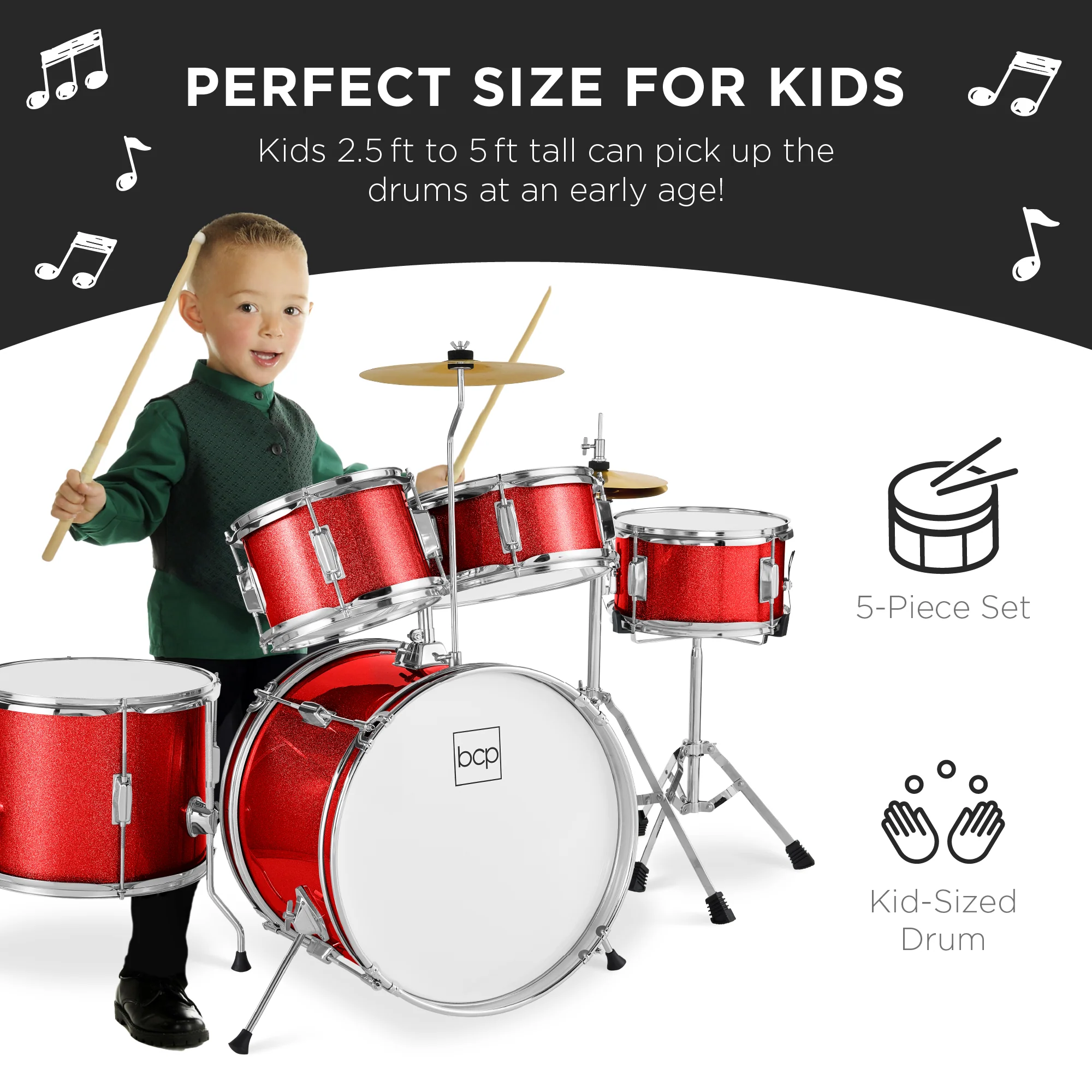 Kids Beginner All Wood Acoustic Drum Kit Starter Set w/ Stool, Drumsticks - Image 3