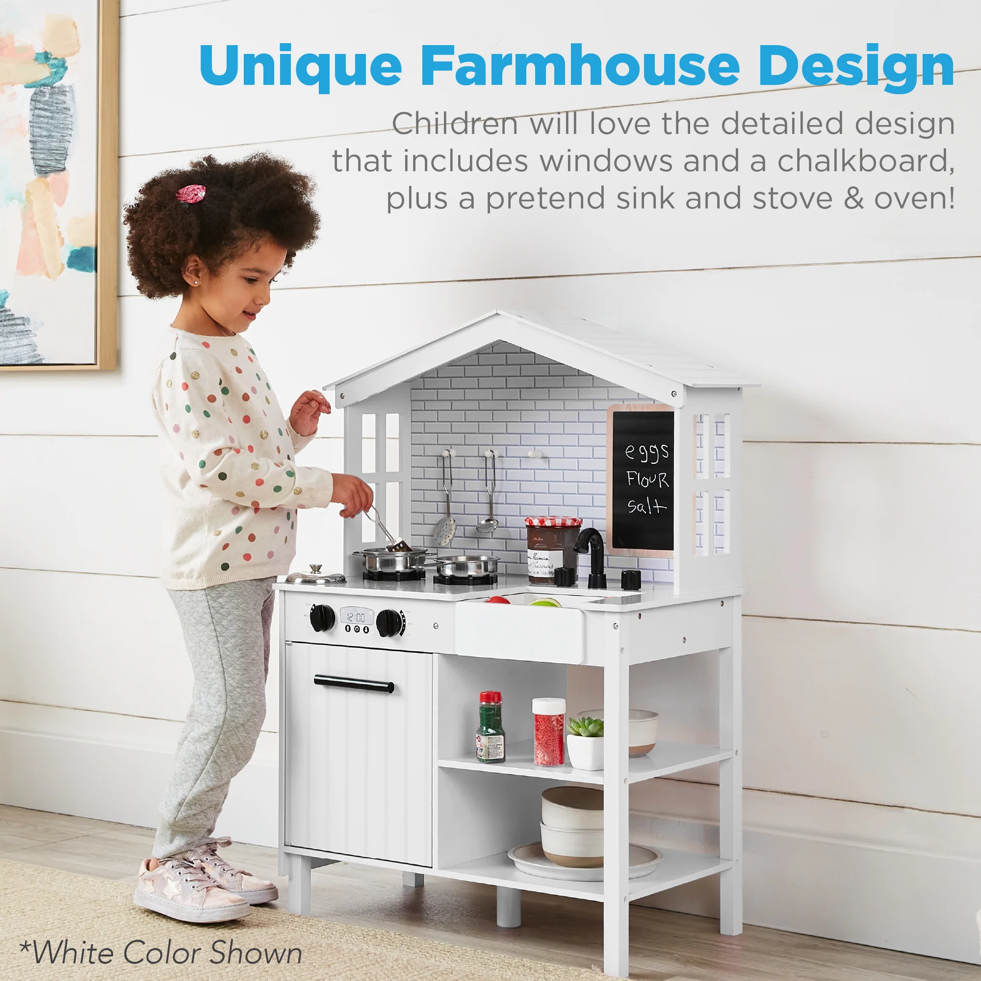 Pretend Play Wooden Farmhouse Kitchen Set w/ Storage, 5 Accessories - Image 10