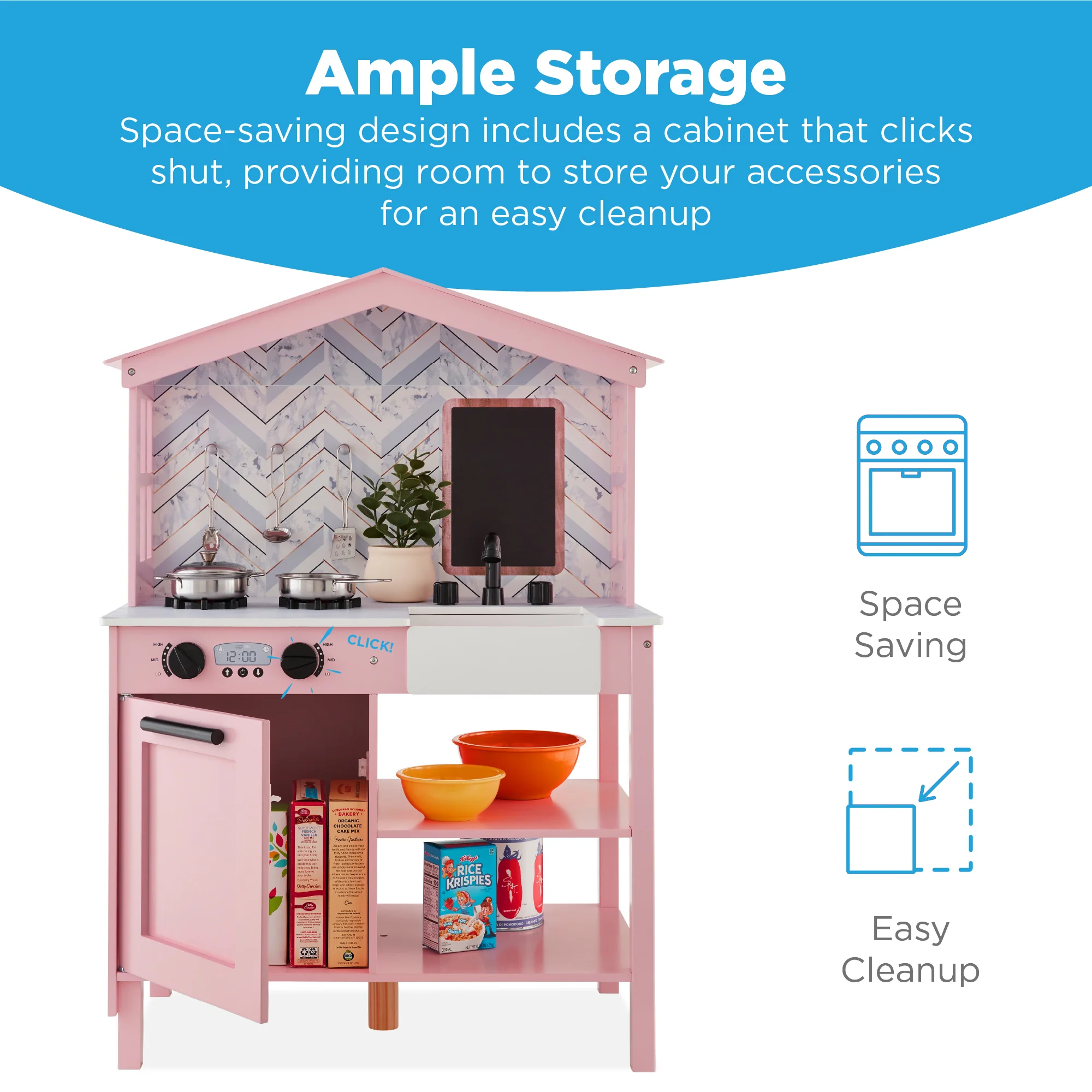 Pretend Play Wooden Farmhouse Kitchen Set w/ Storage, 5 Accessories - Image 13