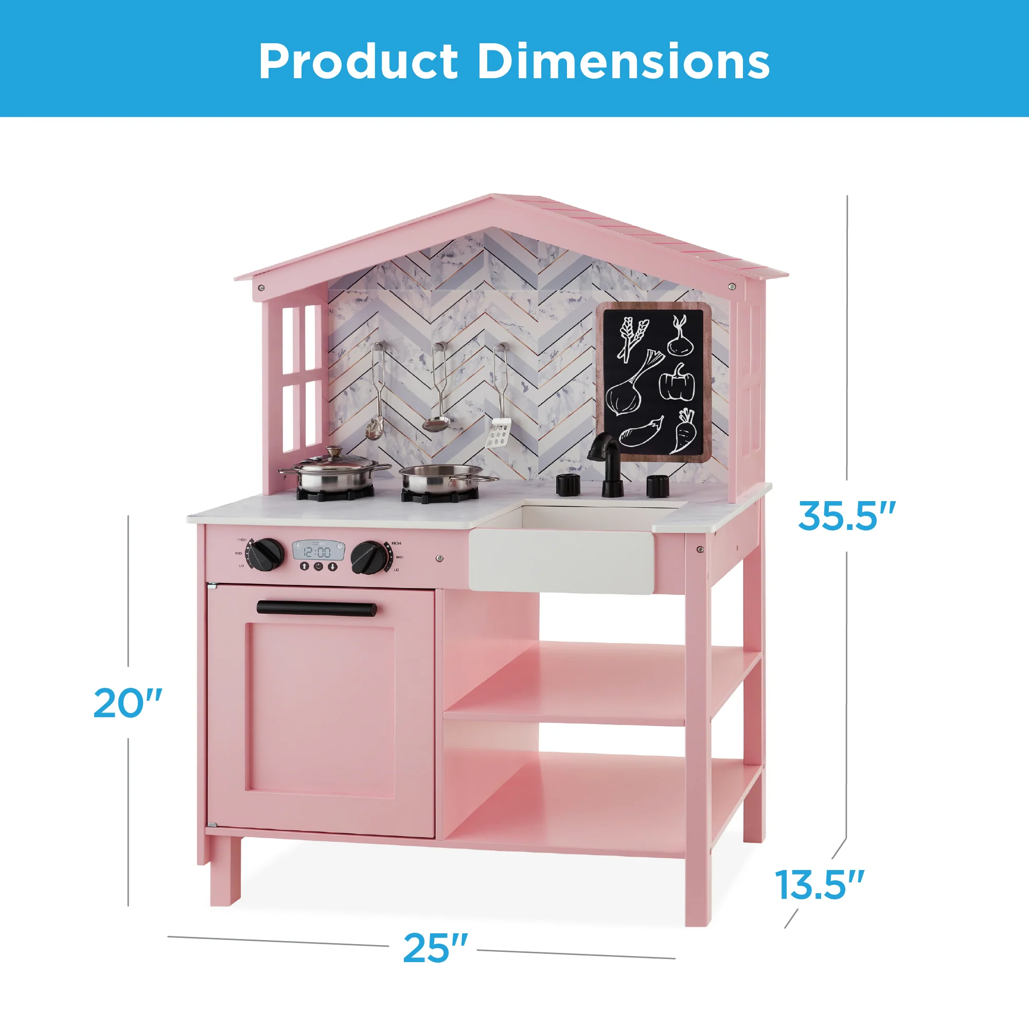 Pretend Play Wooden Farmhouse Kitchen Set w/ Storage, 5 Accessories - Image 15