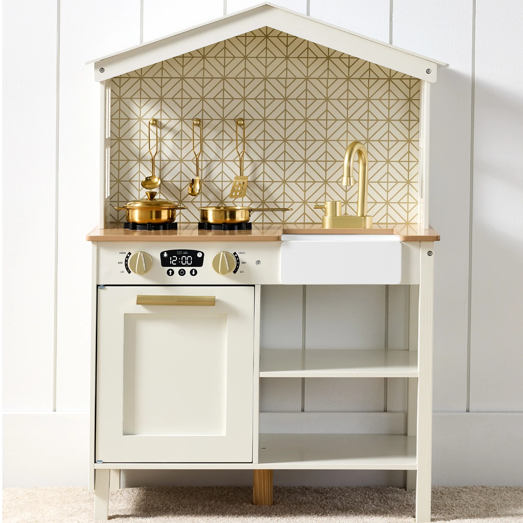 Pretend Play Wooden Farmhouse Kitchen Set w/ Storage, 5 Accessories - Image 16