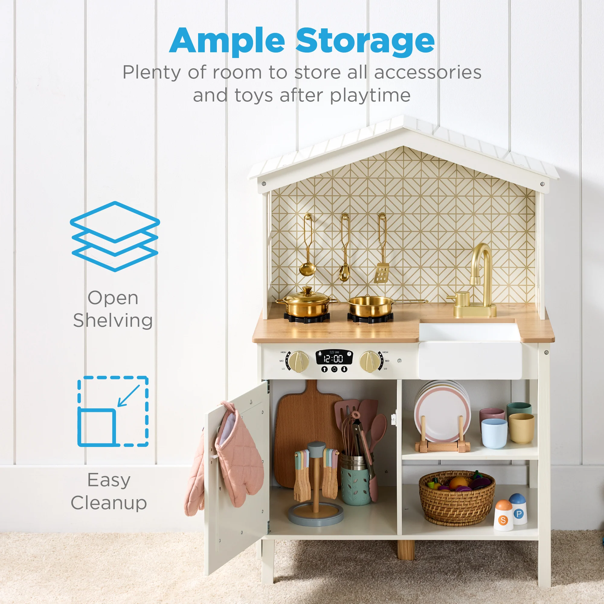 Pretend Play Wooden Farmhouse Kitchen Set w/ Storage, 5 Accessories - Image 18