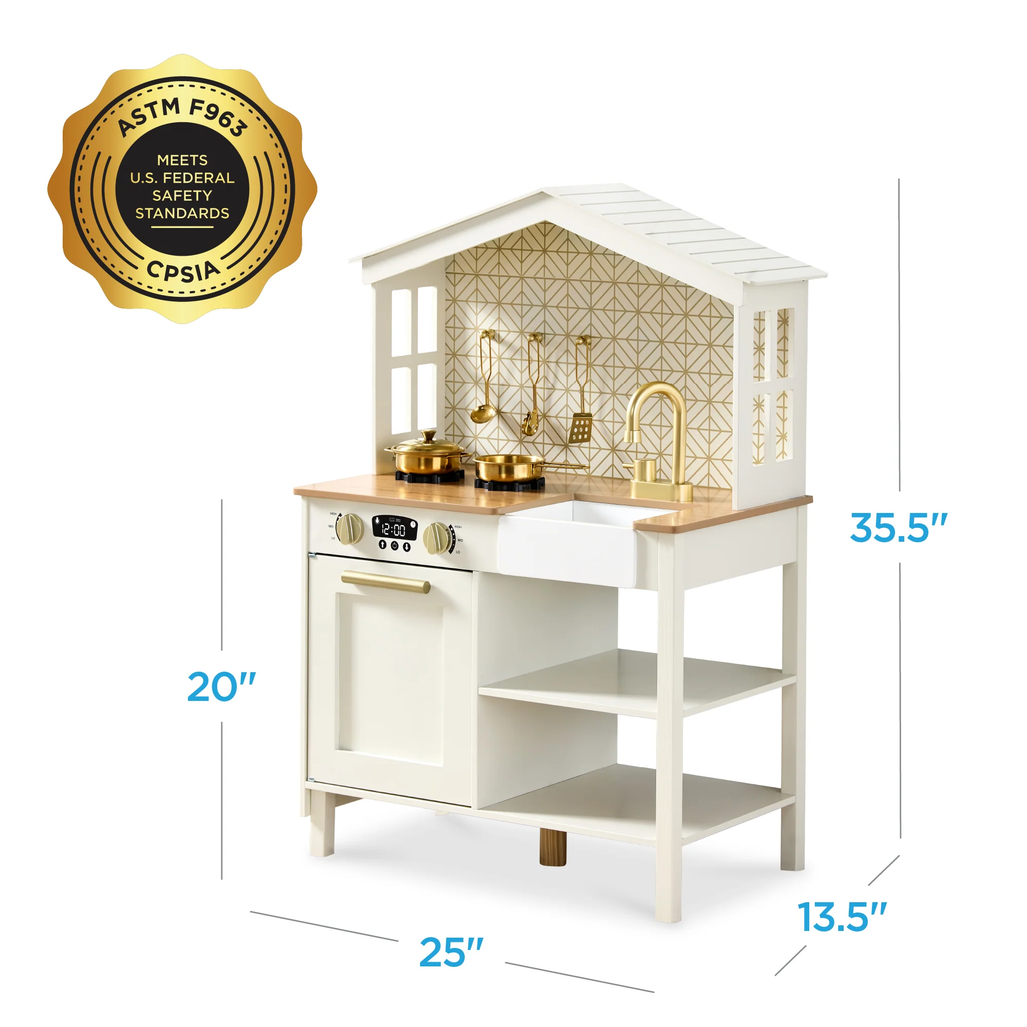 Pretend Play Wooden Farmhouse Kitchen Set w/ Storage, 5 Accessories - Image 23