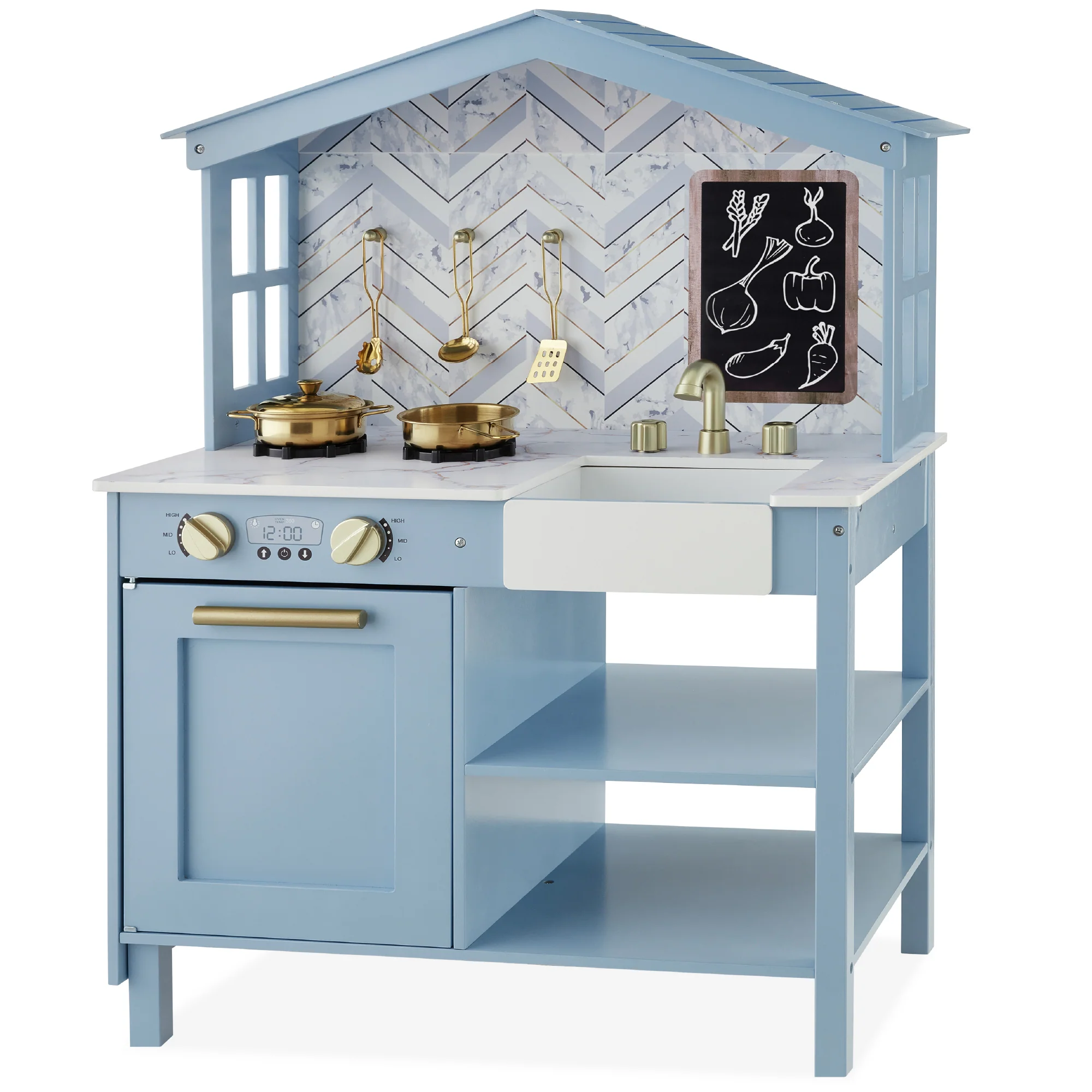 Pretend Play Wooden Farmhouse Kitchen Set w/ Storage, 5 Accessories - Image 24