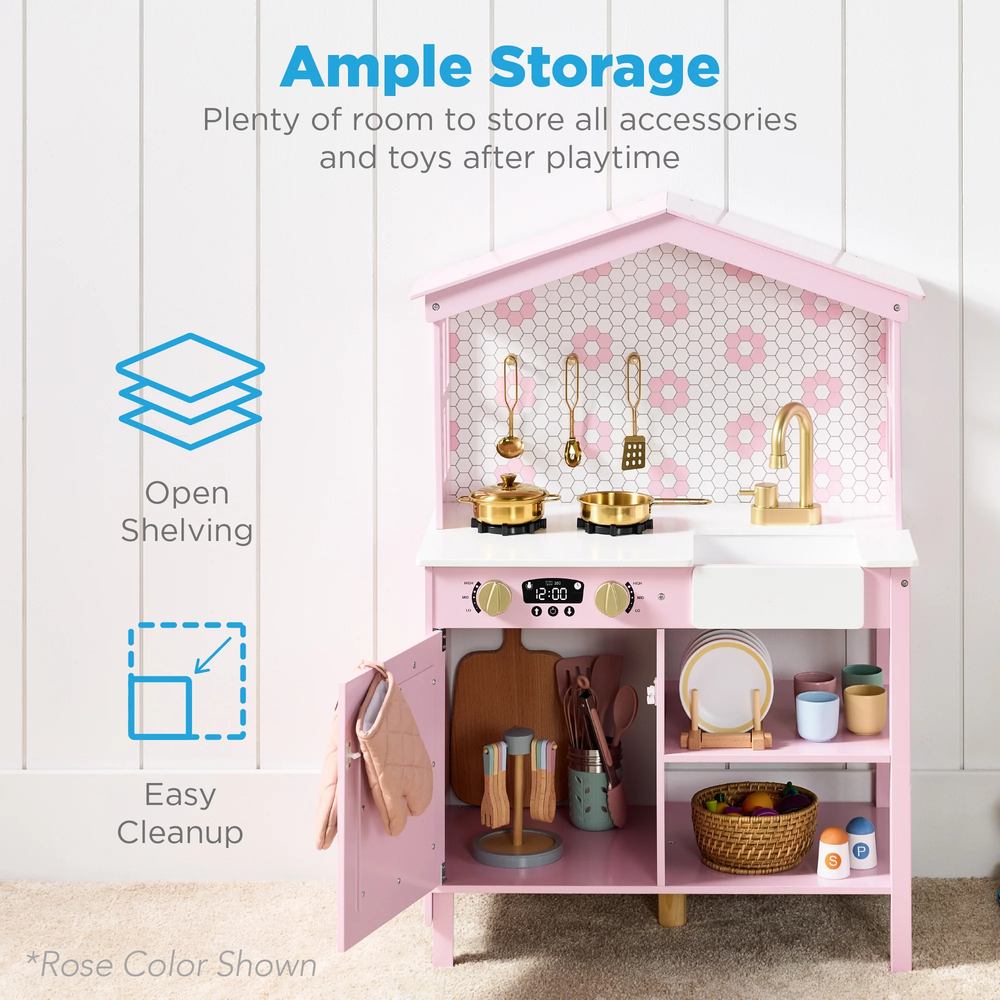 Pretend Play Wooden Farmhouse Kitchen Set w/ Storage, 5 Accessories - Image 3