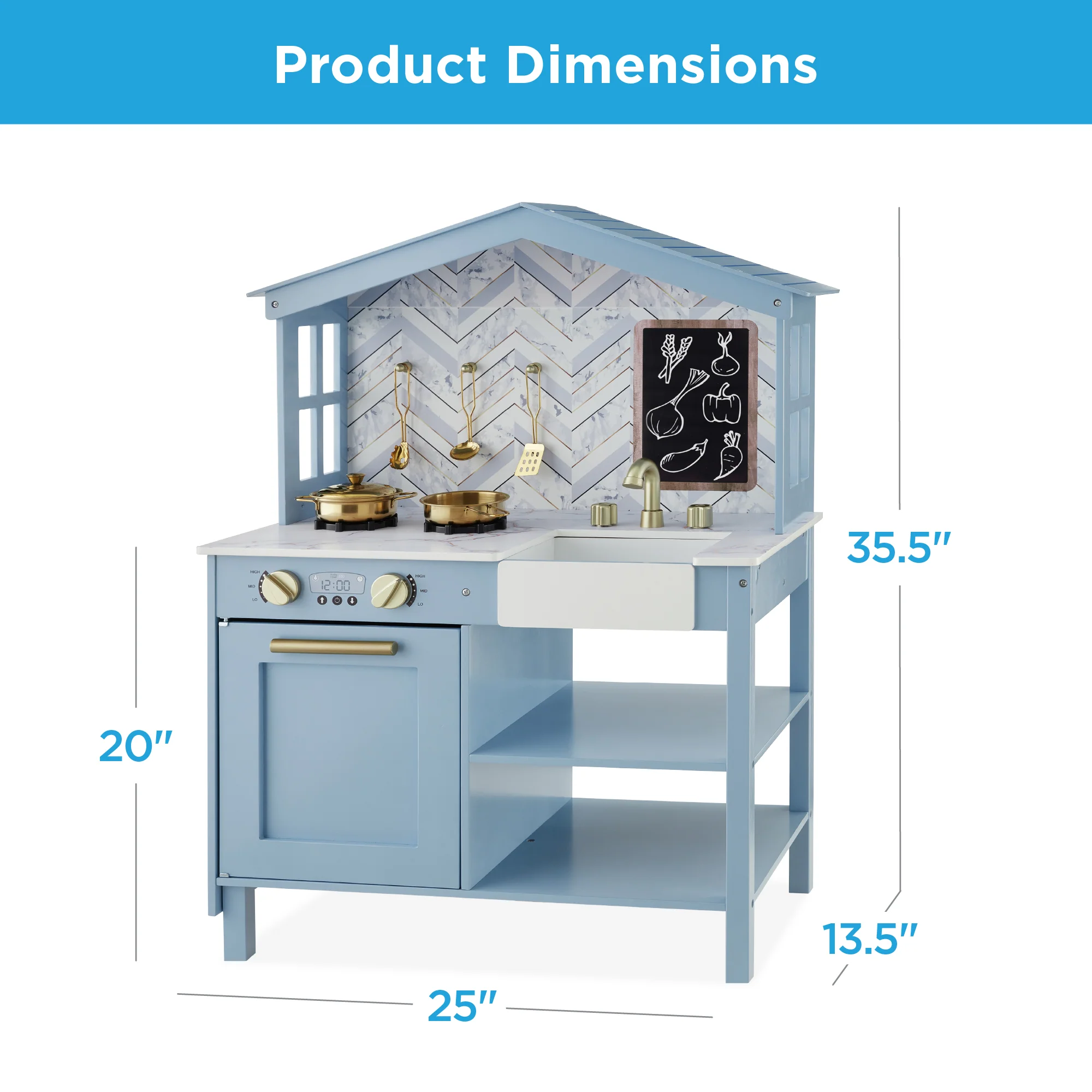 Pretend Play Wooden Farmhouse Kitchen Set w/ Storage, 5 Accessories - Image 30