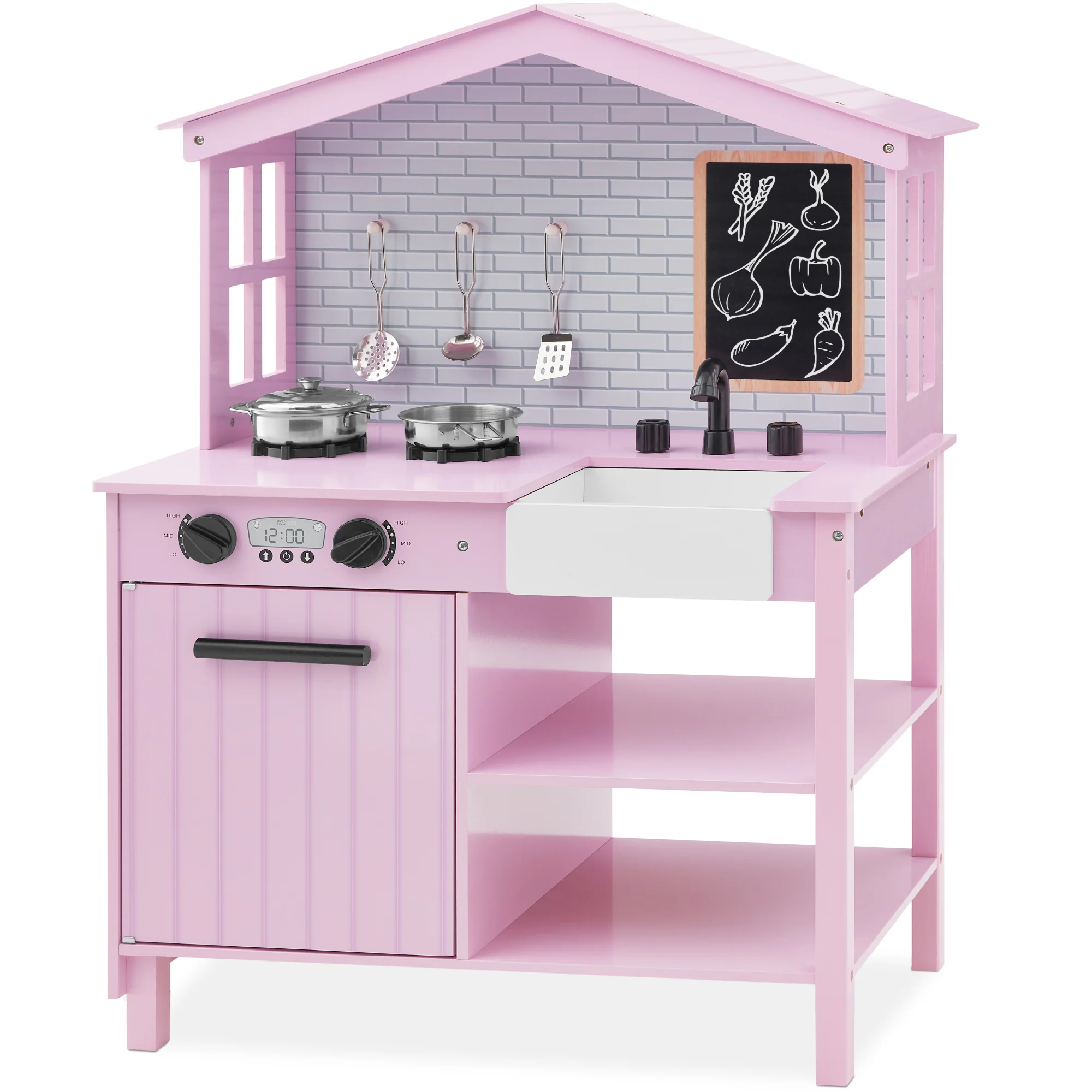 Pretend Play Wooden Farmhouse Kitchen Set w/ Storage, 5 Accessories - Image 31