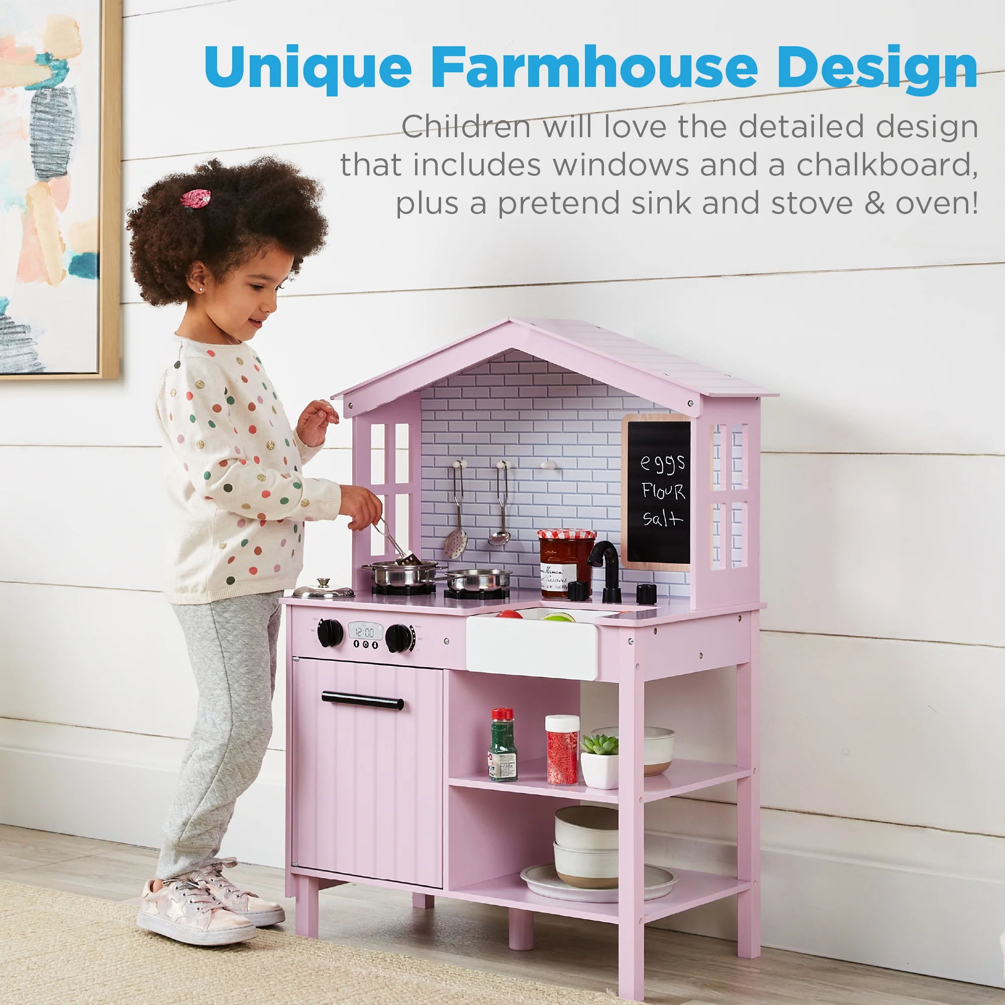 Pretend Play Wooden Farmhouse Kitchen Set w/ Storage, 5 Accessories - Image 32