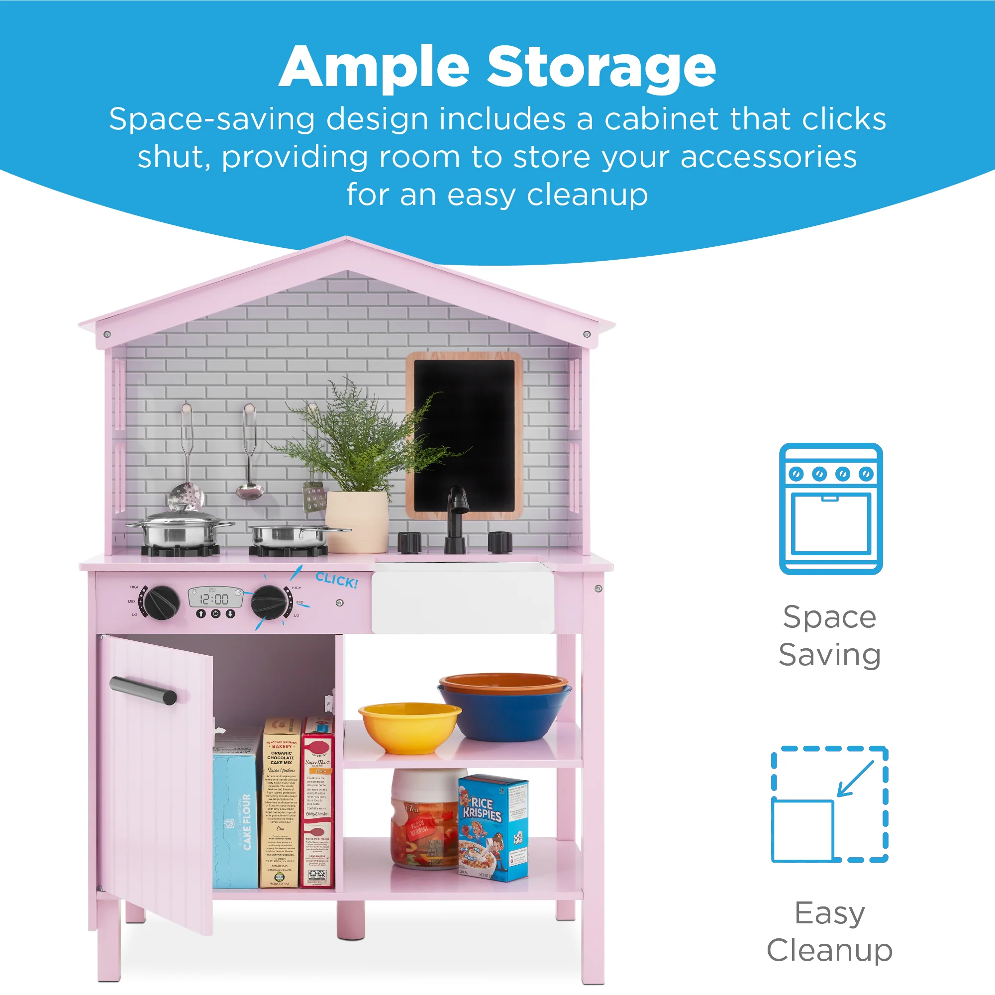 Pretend Play Wooden Farmhouse Kitchen Set w/ Storage, 5 Accessories - Image 35