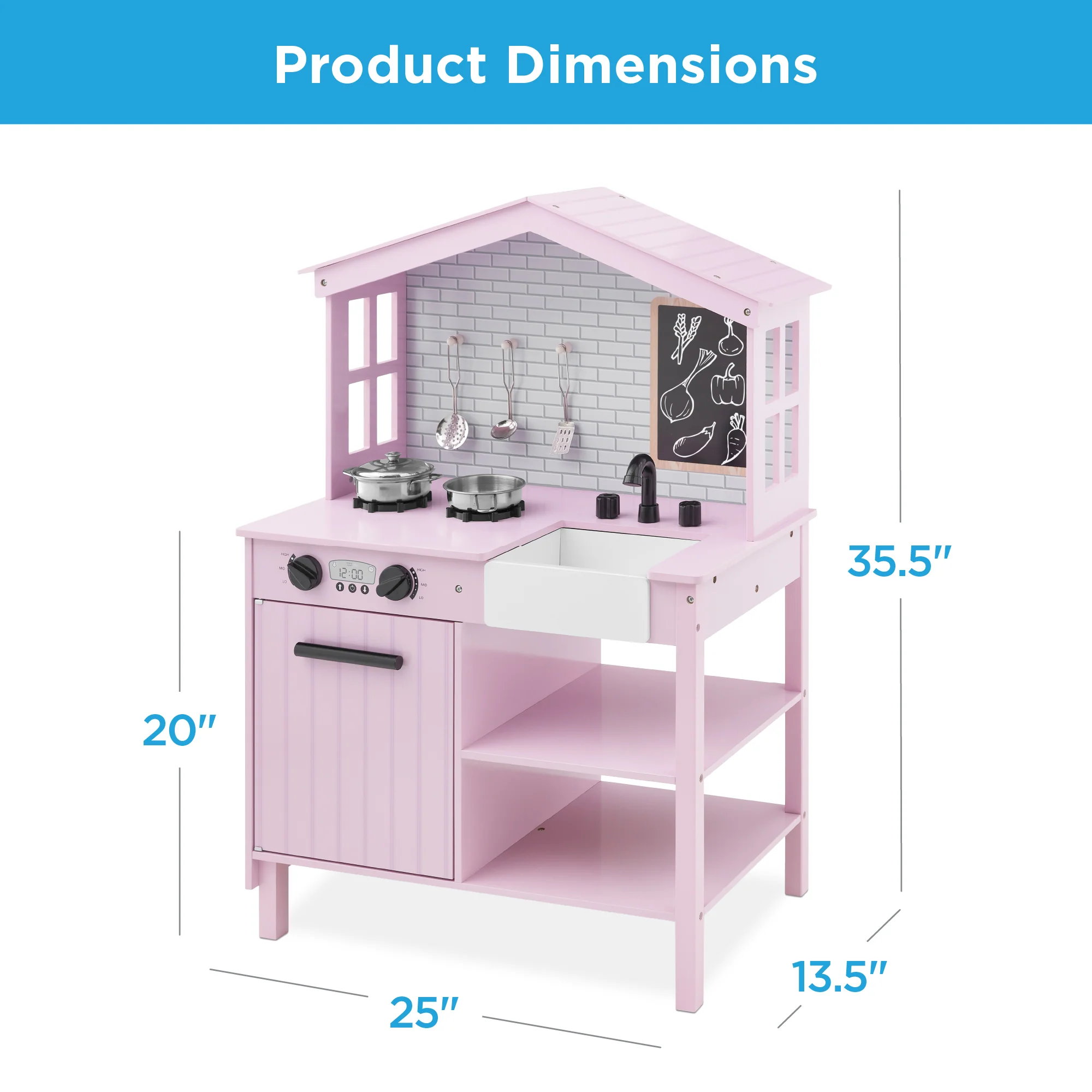Pretend Play Wooden Farmhouse Kitchen Set w/ Storage, 5 Accessories - Image 37