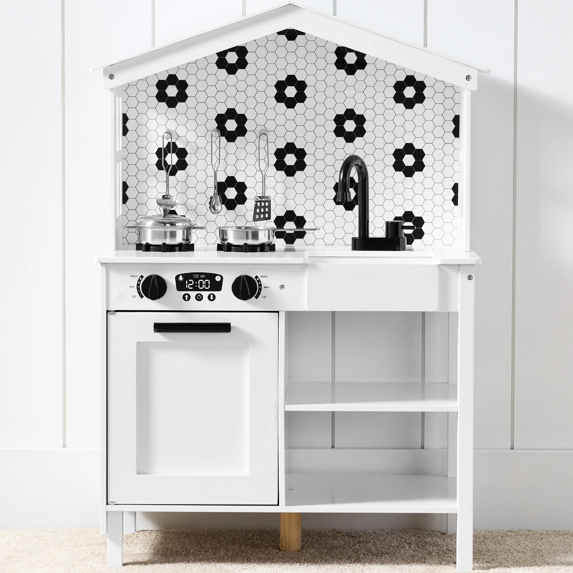 Pretend Play Wooden Farmhouse Kitchen Set w/ Storage, 5 Accessories - Image 38