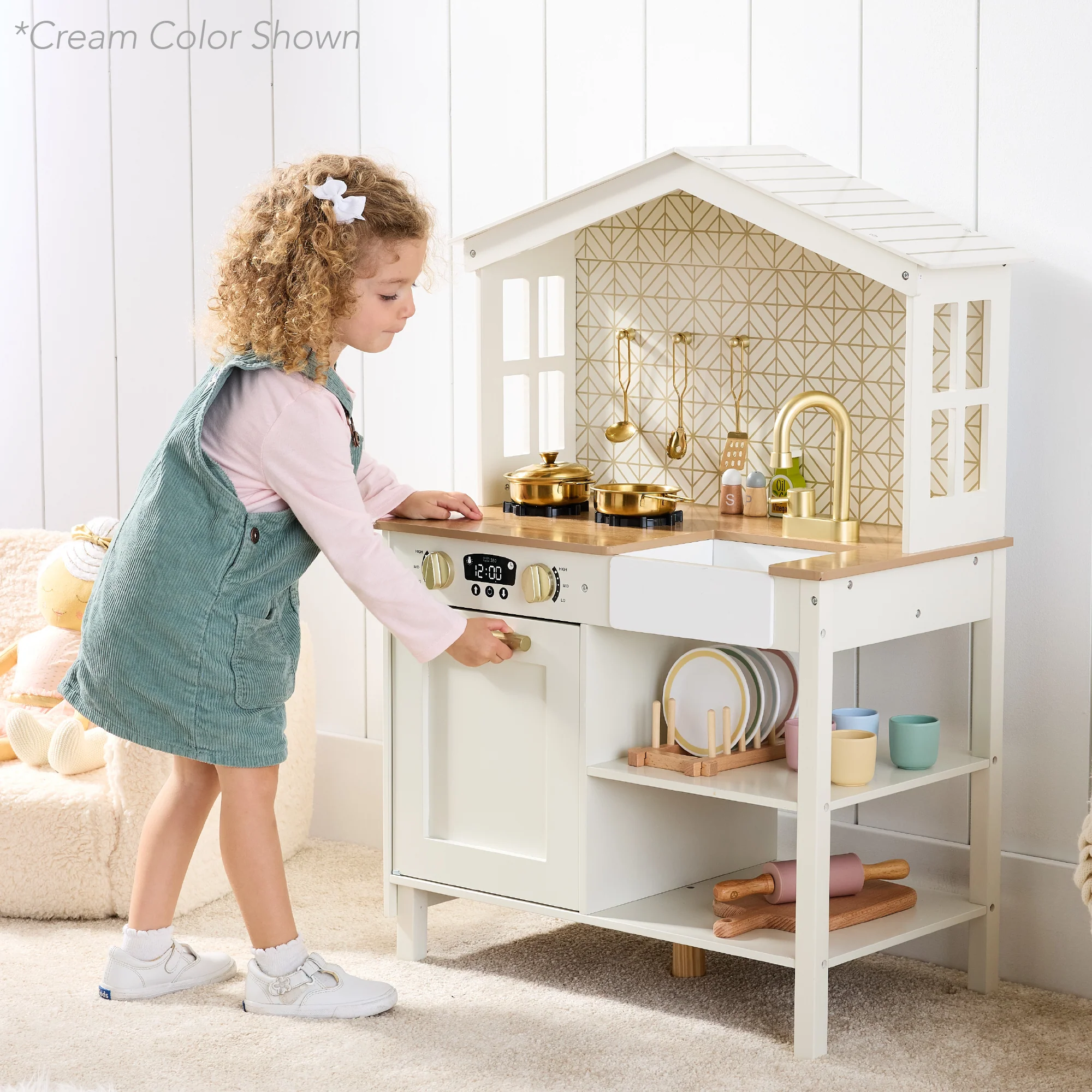Pretend Play Wooden Farmhouse Kitchen Set w/ Storage, 5 Accessories - Image 4