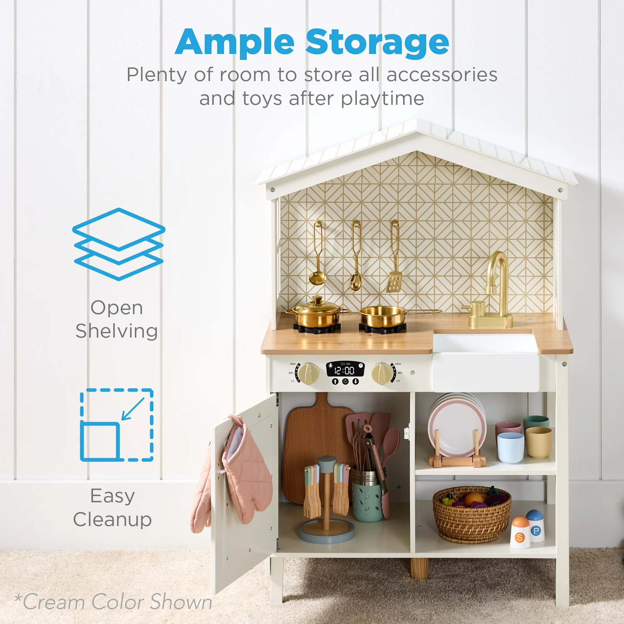 Pretend Play Wooden Farmhouse Kitchen Set w/ Storage, 5 Accessories - Image 40
