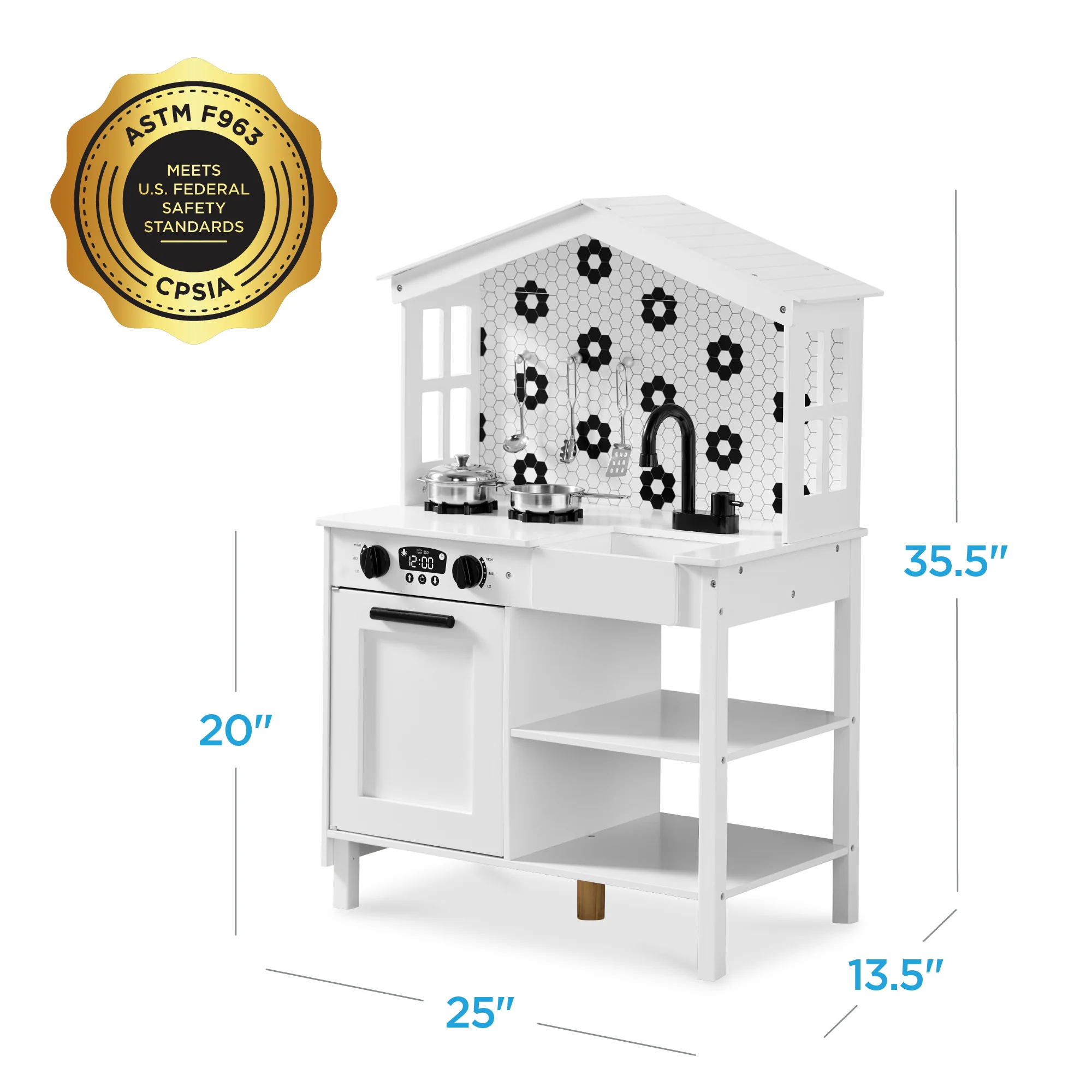 Pretend Play Wooden Farmhouse Kitchen Set w/ Storage, 5 Accessories - Image 45