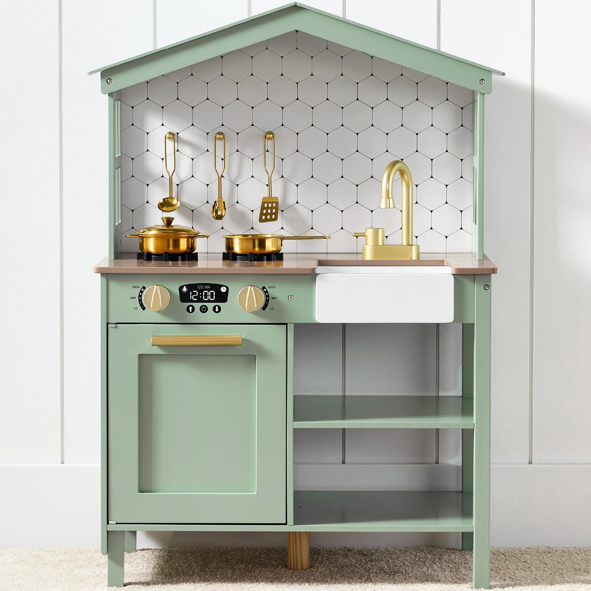 Pretend Play Wooden Farmhouse Kitchen Set w/ Storage, 5 Accessories - Image 46