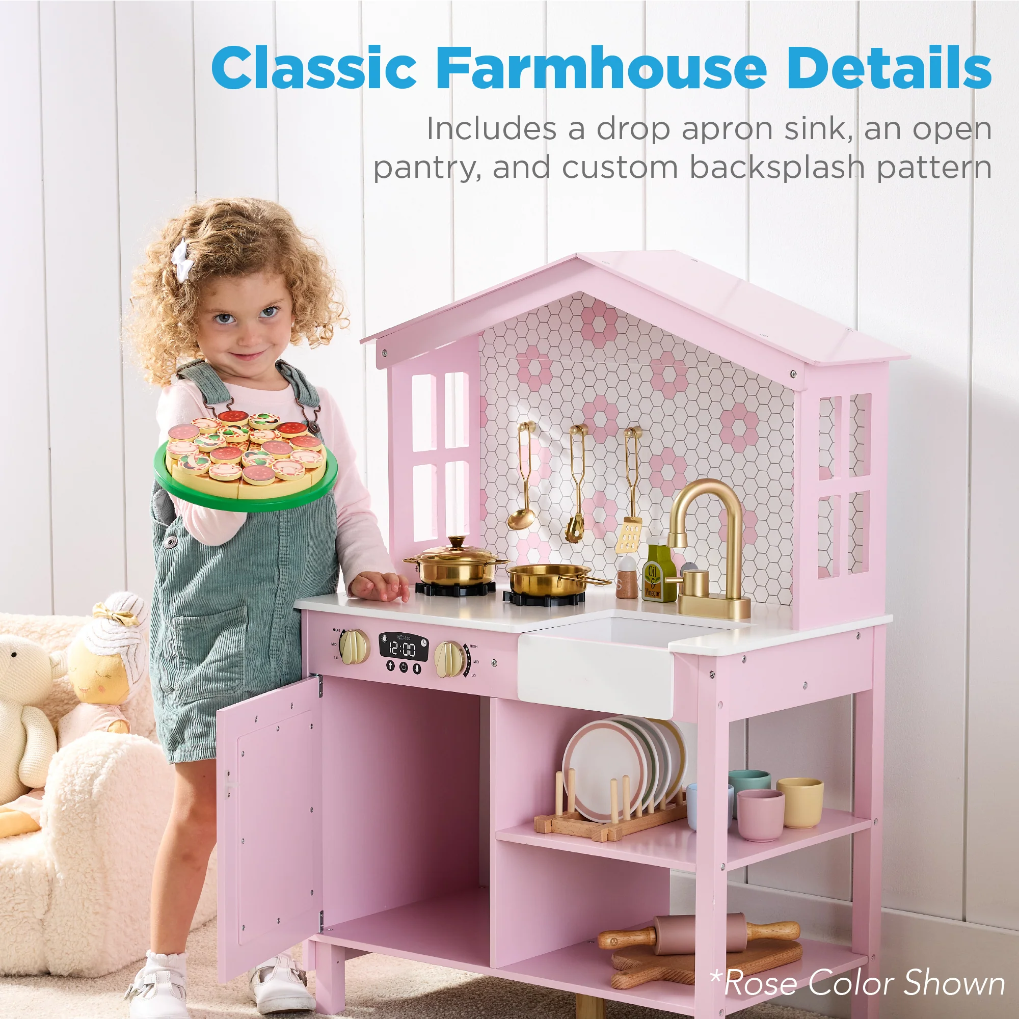 Pretend Play Wooden Farmhouse Kitchen Set w/ Storage, 5 Accessories - Image 47