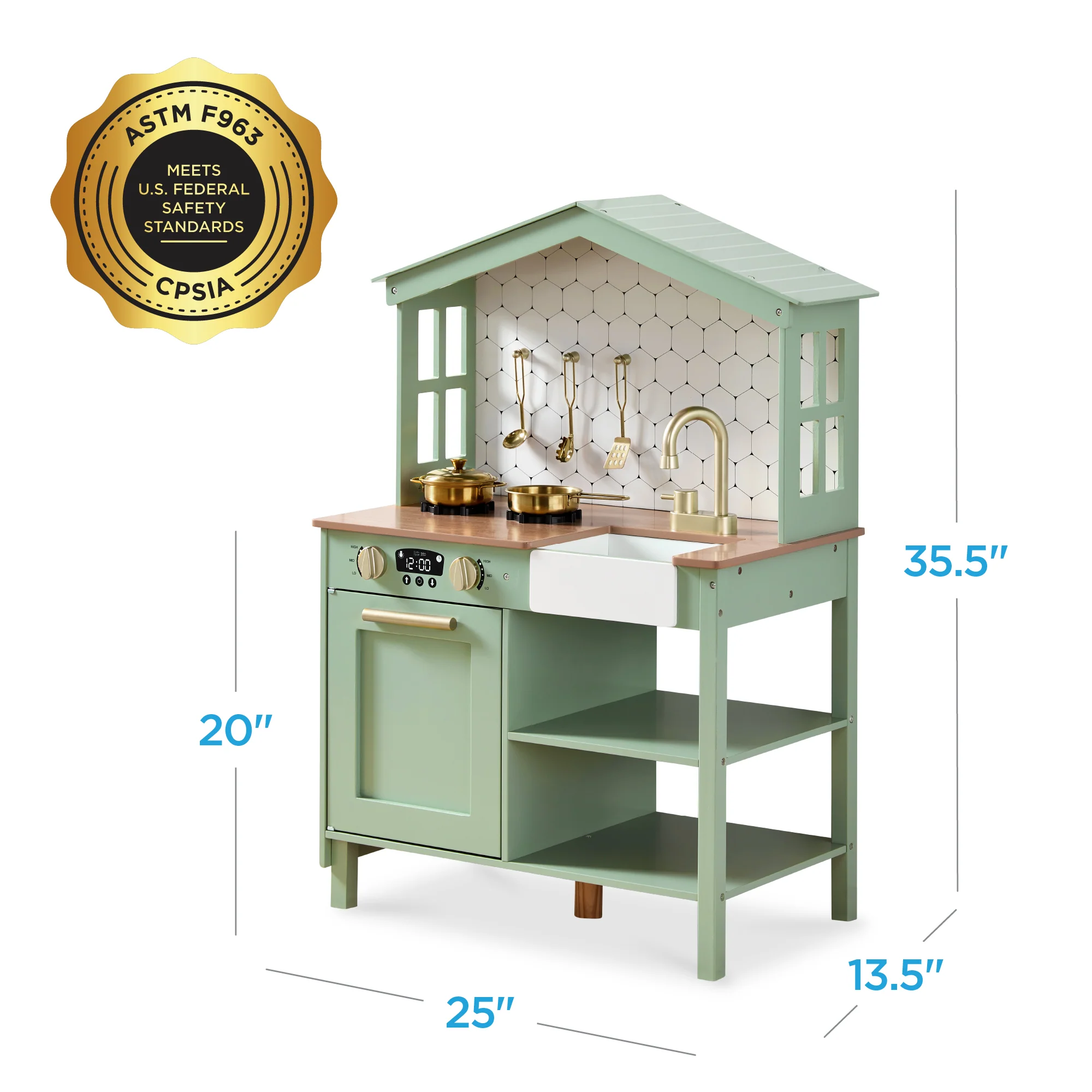 Pretend Play Wooden Farmhouse Kitchen Set w/ Storage, 5 Accessories - Image 53