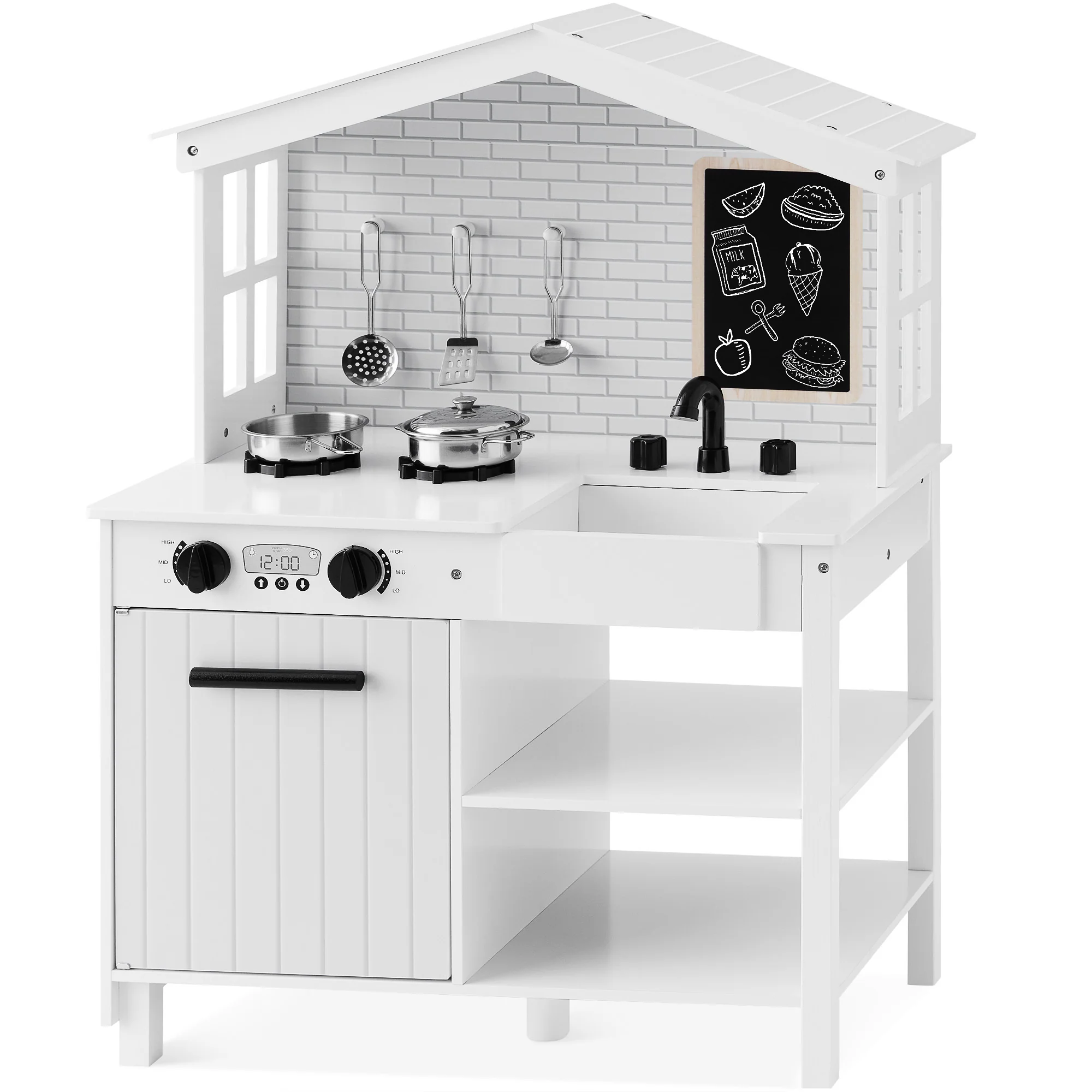 Pretend Play Wooden Farmhouse Kitchen Set w/ Storage, 5 Accessories - Image 54