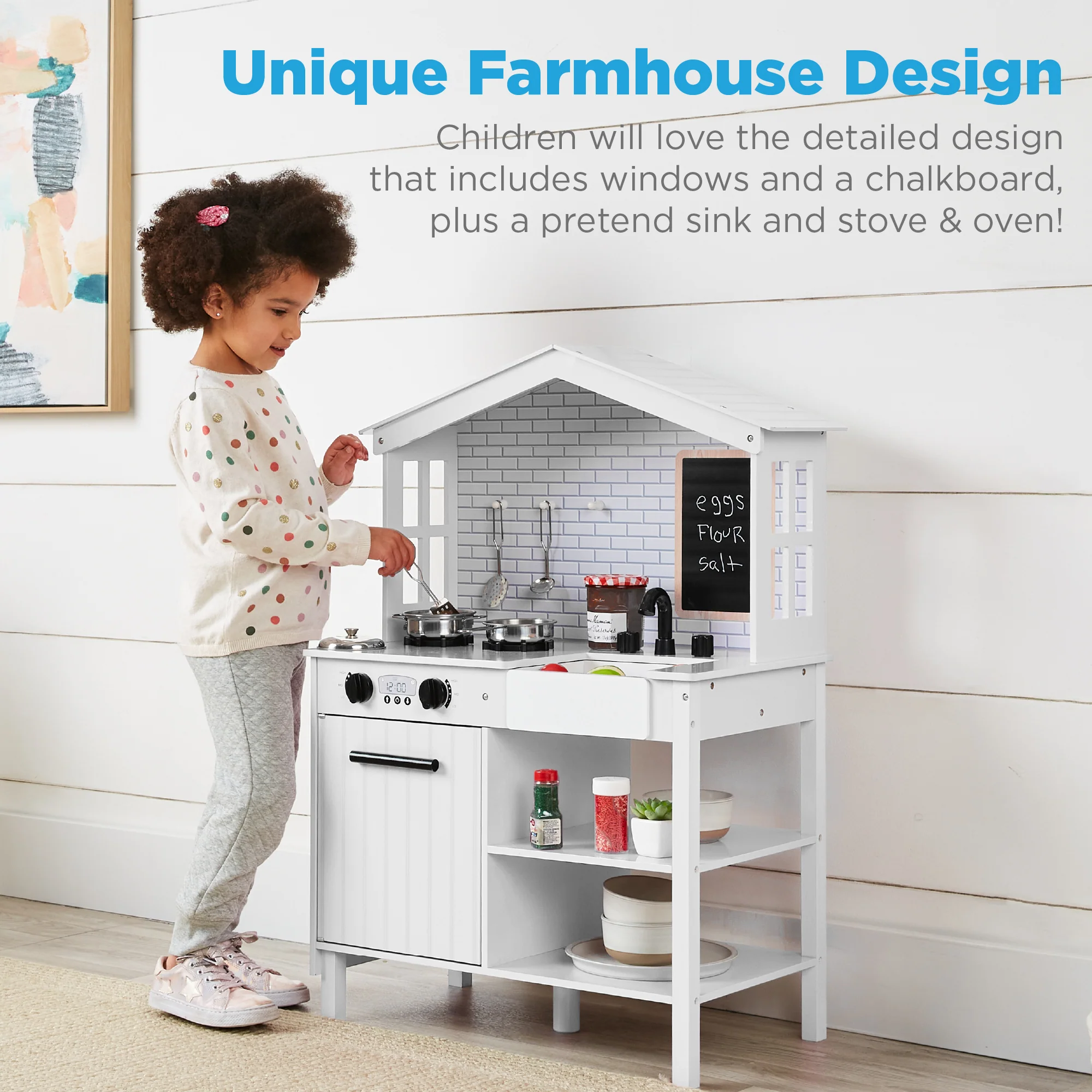 Pretend Play Wooden Farmhouse Kitchen Set w/ Storage, 5 Accessories - Image 55