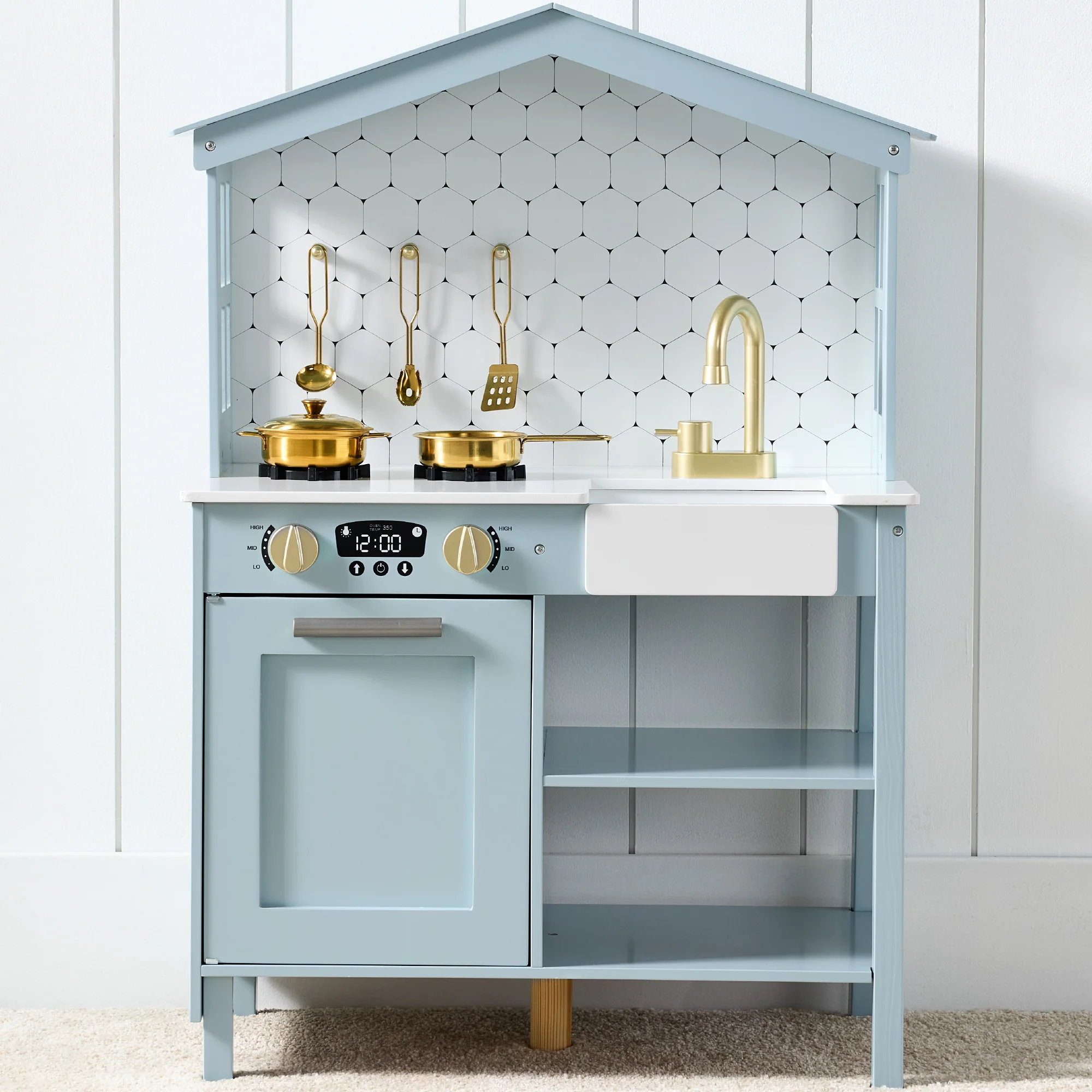 Pretend Play Wooden Farmhouse Kitchen Set w/ Storage, 5 Accessories - Image 61