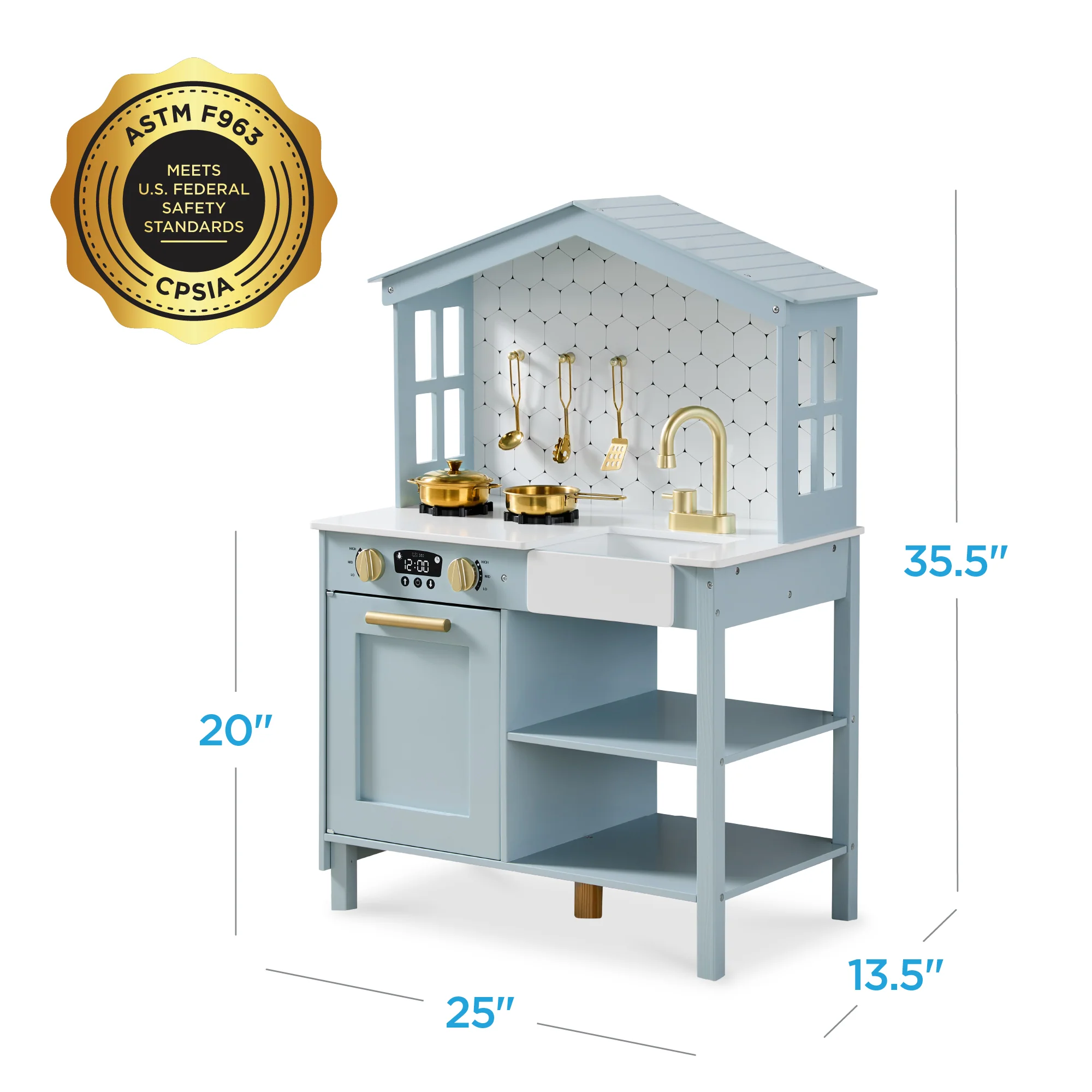Pretend Play Wooden Farmhouse Kitchen Set w/ Storage, 5 Accessories - Image 68