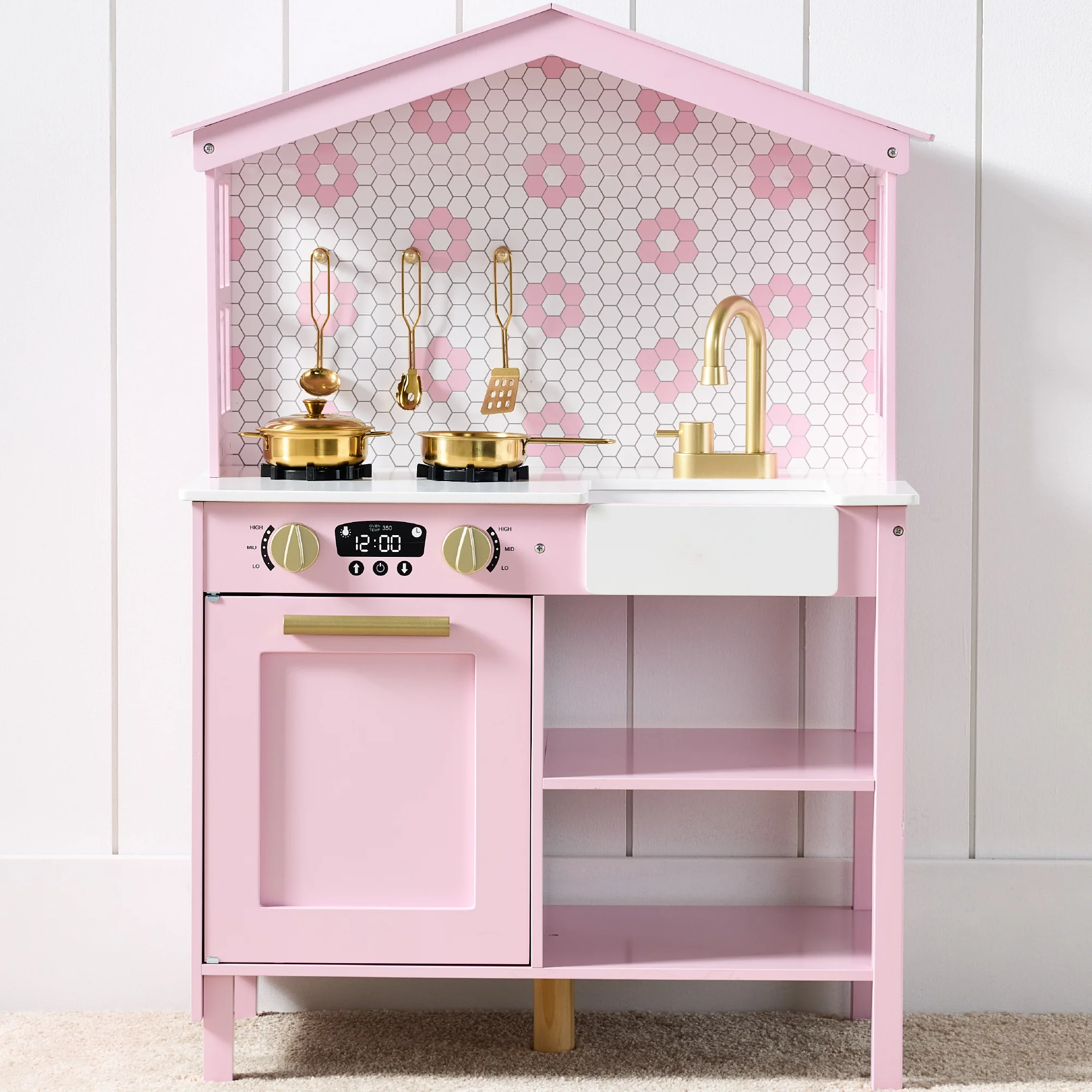 Pretend Play Wooden Farmhouse Kitchen Set w/ Storage, 5 Accessories - Image 69