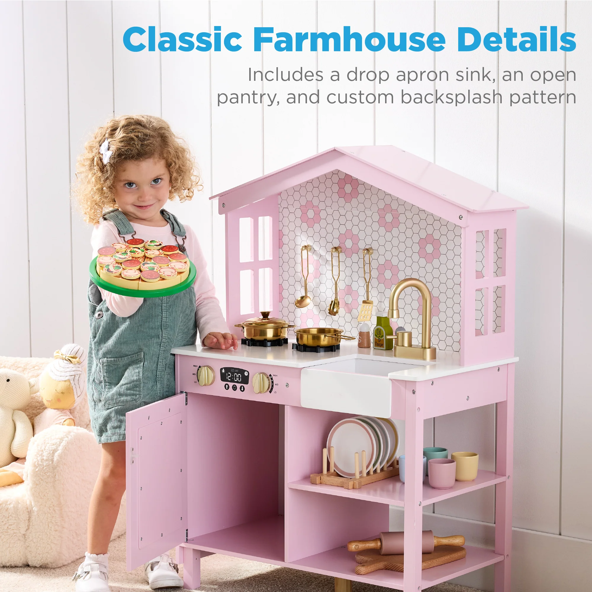 Pretend Play Wooden Farmhouse Kitchen Set w/ Storage, 5 Accessories - Image 70