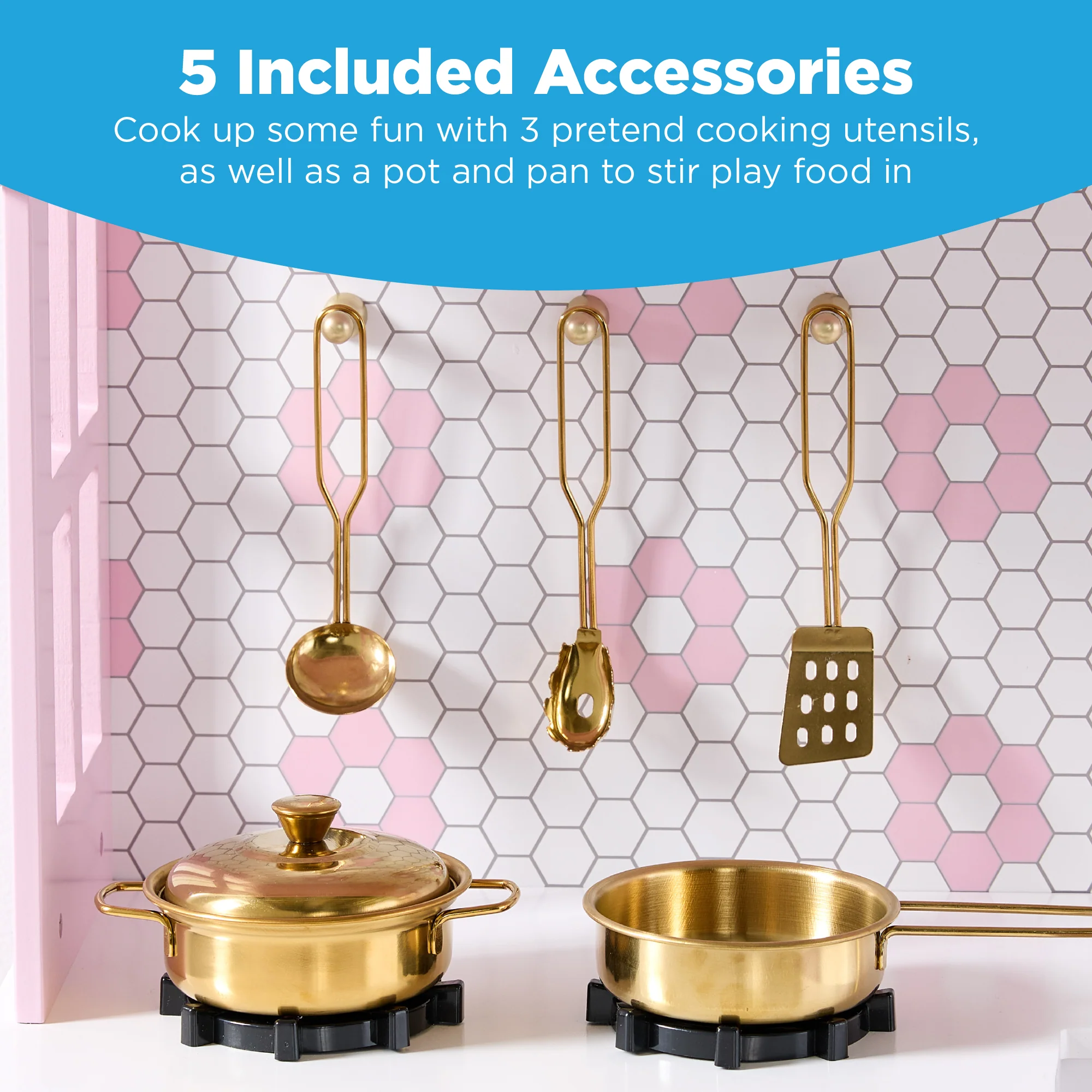 Pretend Play Wooden Farmhouse Kitchen Set w/ Storage, 5 Accessories - Image 73