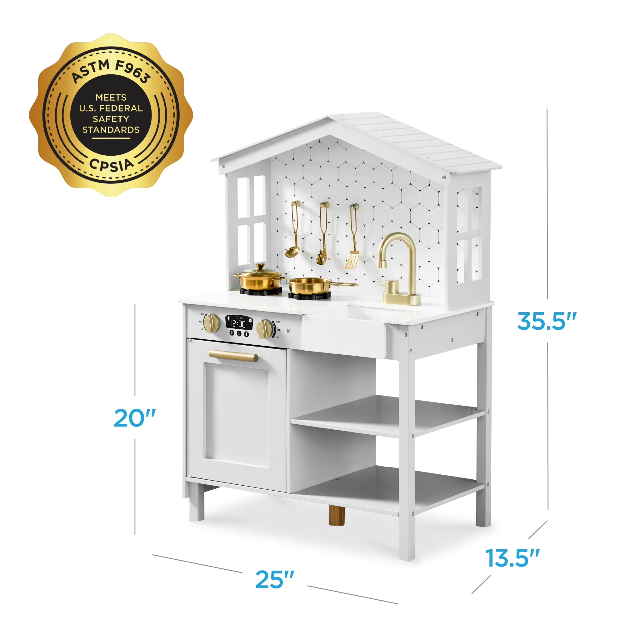 Pretend Play Wooden Farmhouse Kitchen Set w/ Storage, 5 Accessories - Image 8