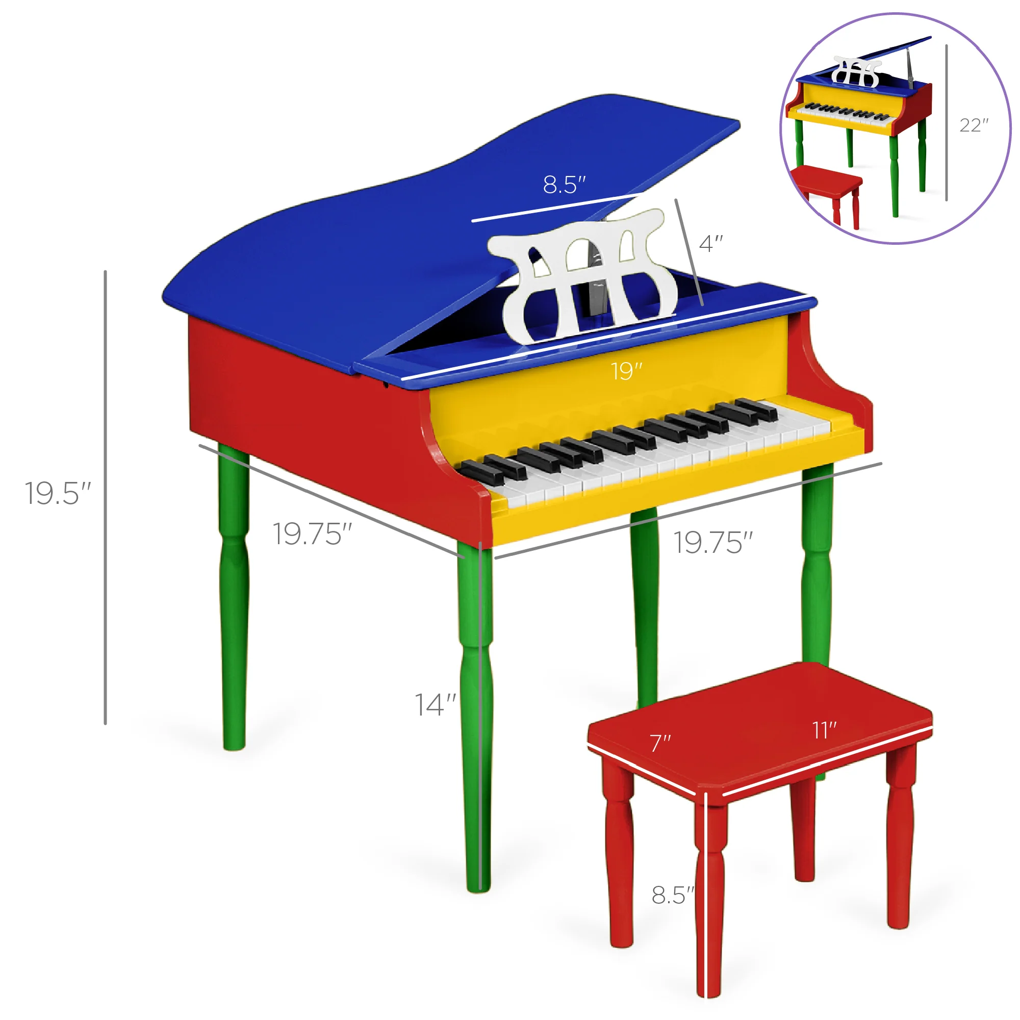 Kids Mini Wooden Grand Piano w/ Lid, Bench, Music Rack, Song Book, Stickers - Image 2