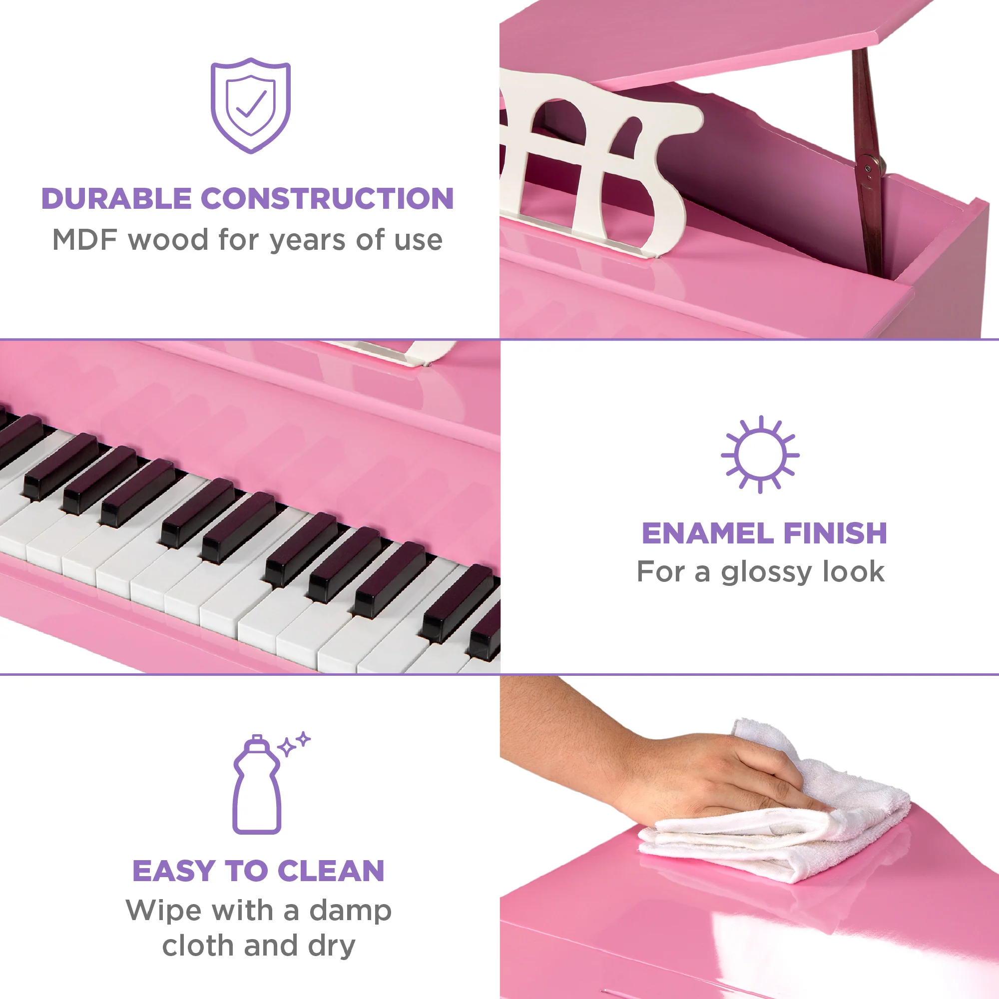 Kids Mini Wooden Grand Piano w/ Lid, Bench, Music Rack, Song Book, Stickers - Image 27